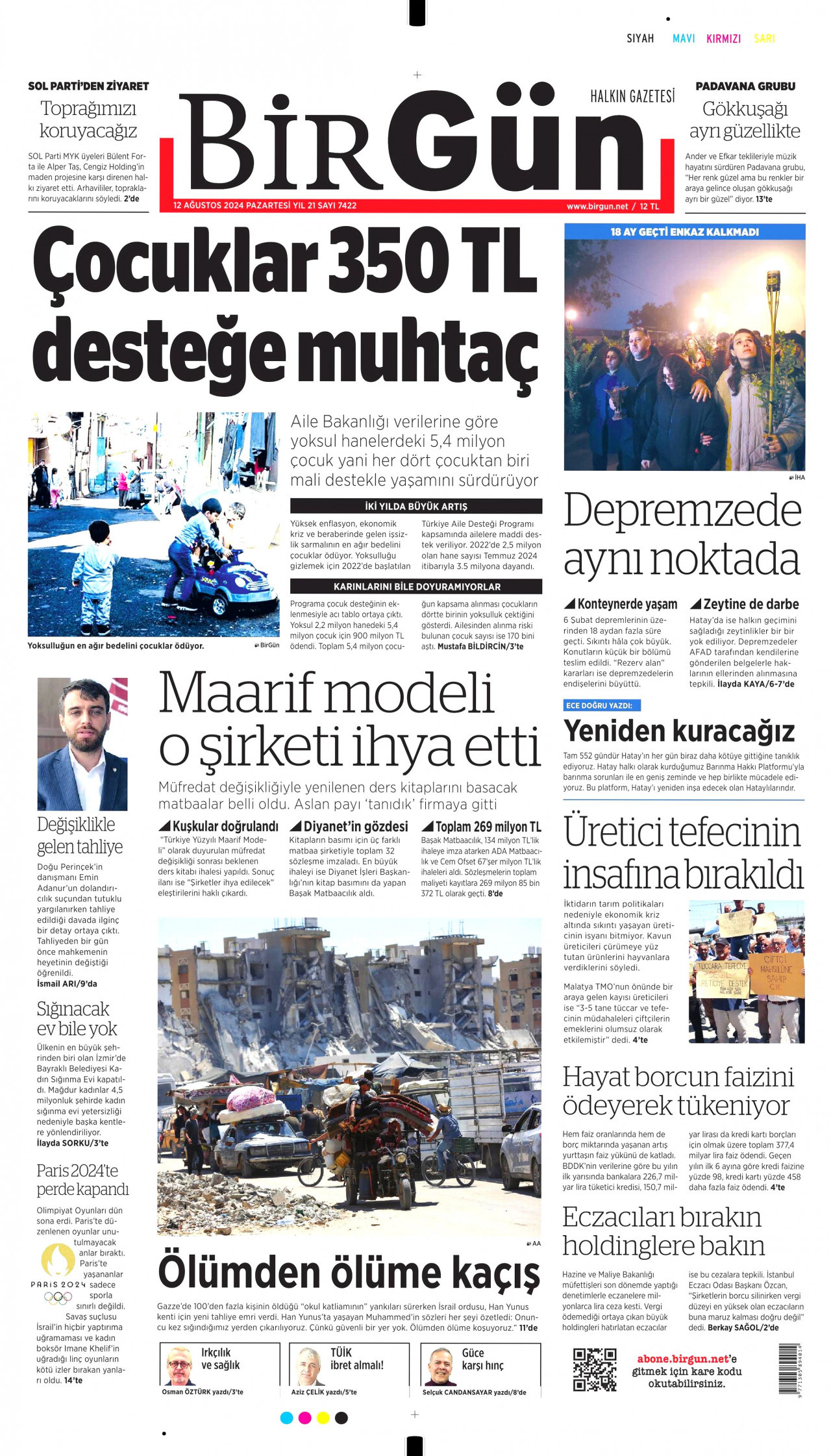 BİRGÜN gazetesinin 12 Ağustos 2024 tarihli birinci sayfası
