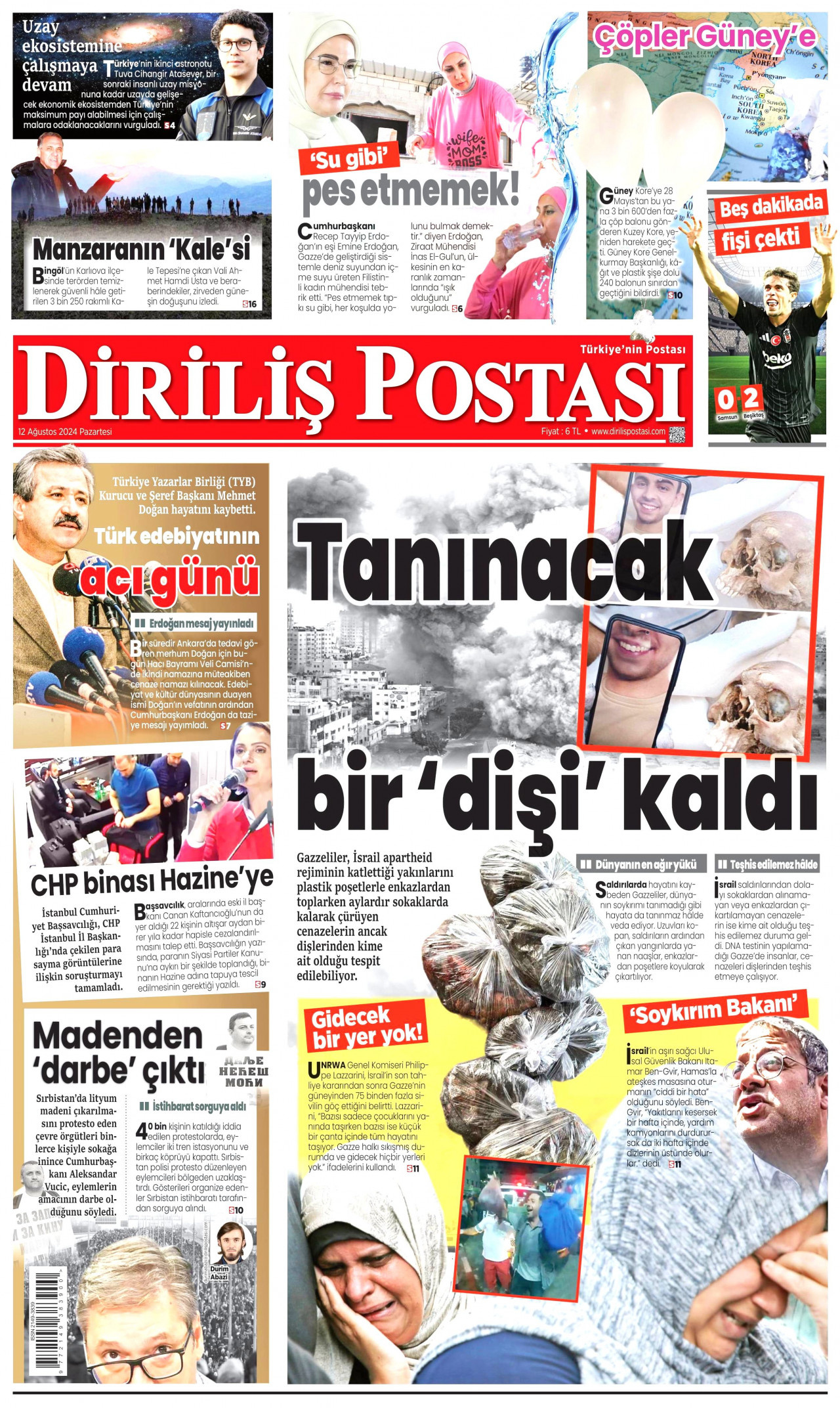 DİRİLİŞ POSTASI gazetesinin 12 Ağustos 2024 tarihli birinci sayfası