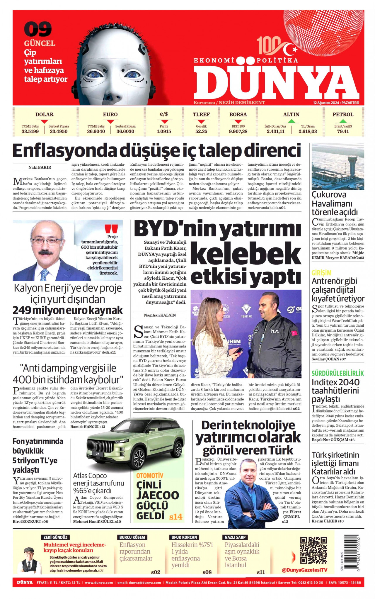 DÜNYA gazetesinin 12 Ağustos 2024 tarihli birinci sayfası