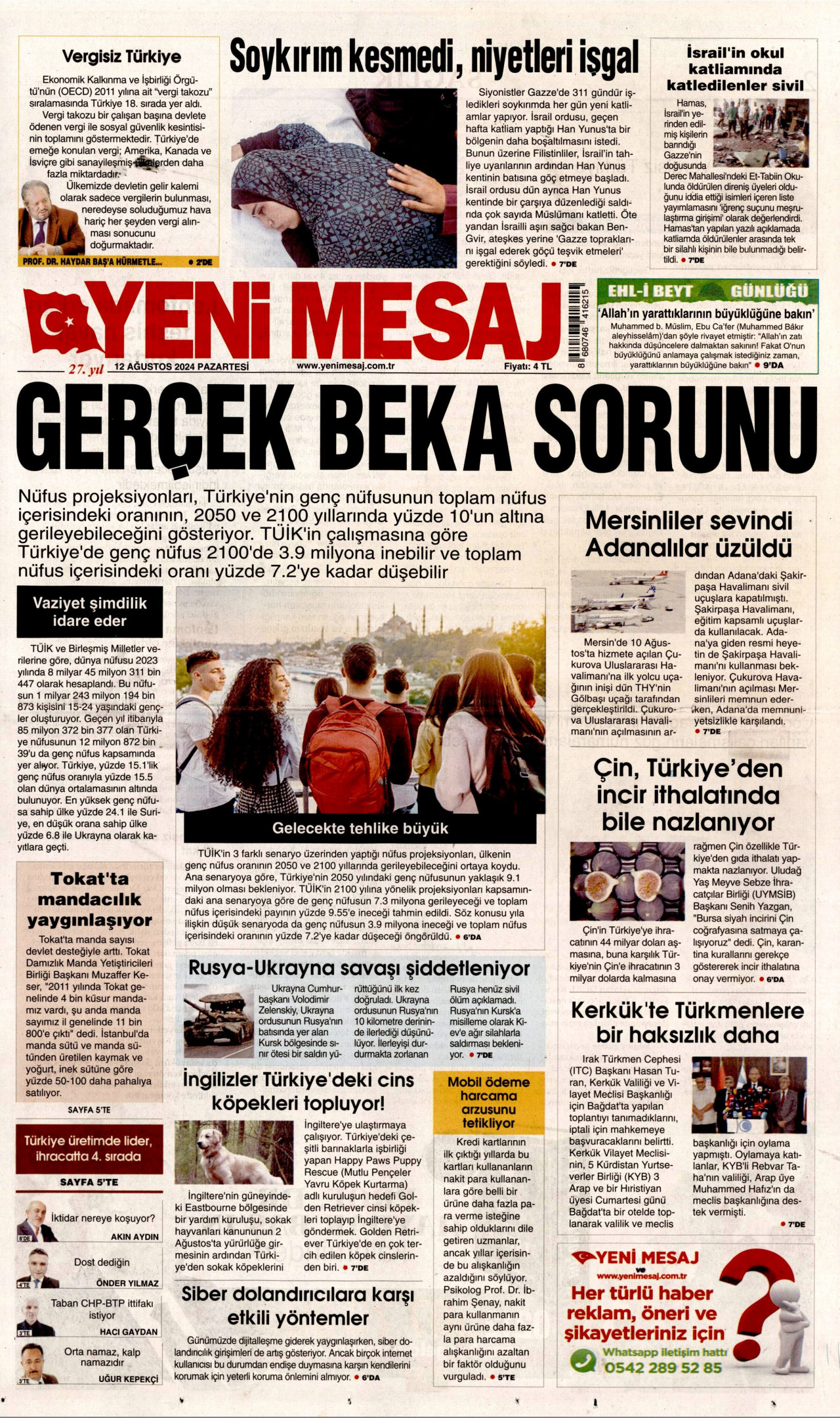 YENİ MESAJ gazetesinin 12 Ağustos 2024 tarihli birinci sayfası