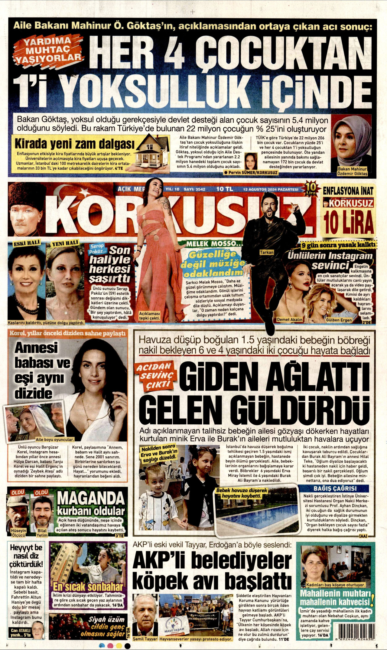KORKUSUZ gazetesinin 12 Ağustos 2024 tarihli birinci sayfası