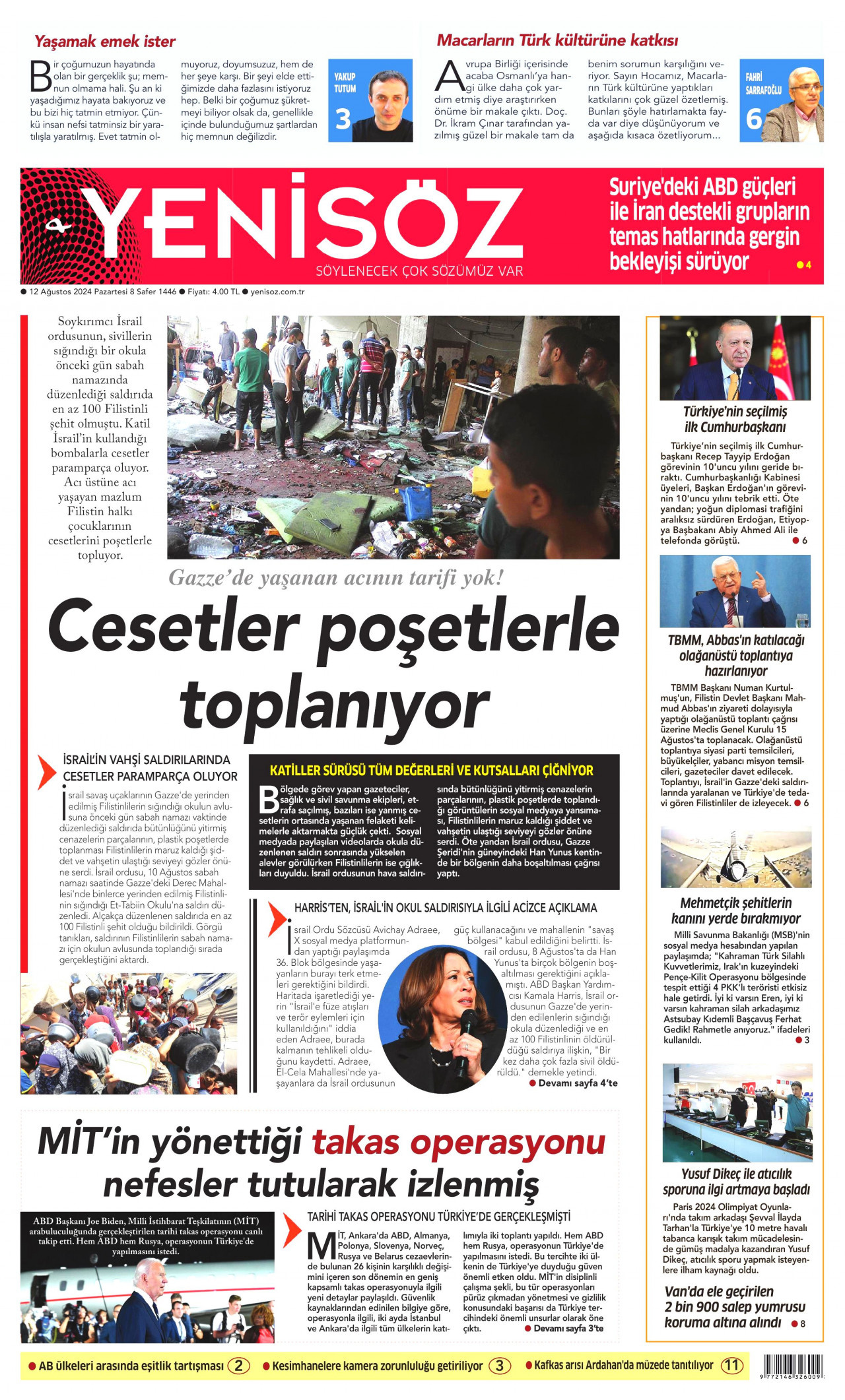 YENİ SÖZ GAZETESİ gazetesinin 12 Ağustos 2024 tarihli birinci sayfası