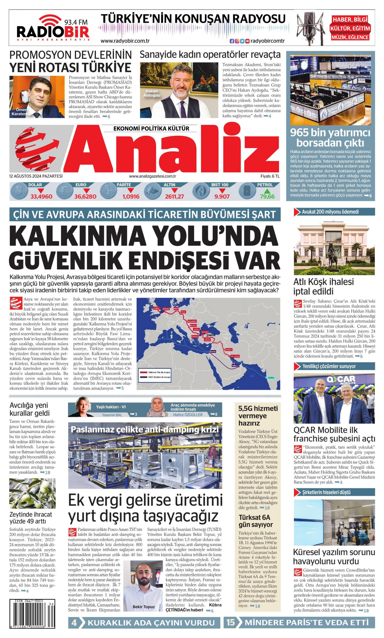 ANALİZ gazetesinin 12 Ağustos 2024 tarihli birinci sayfası