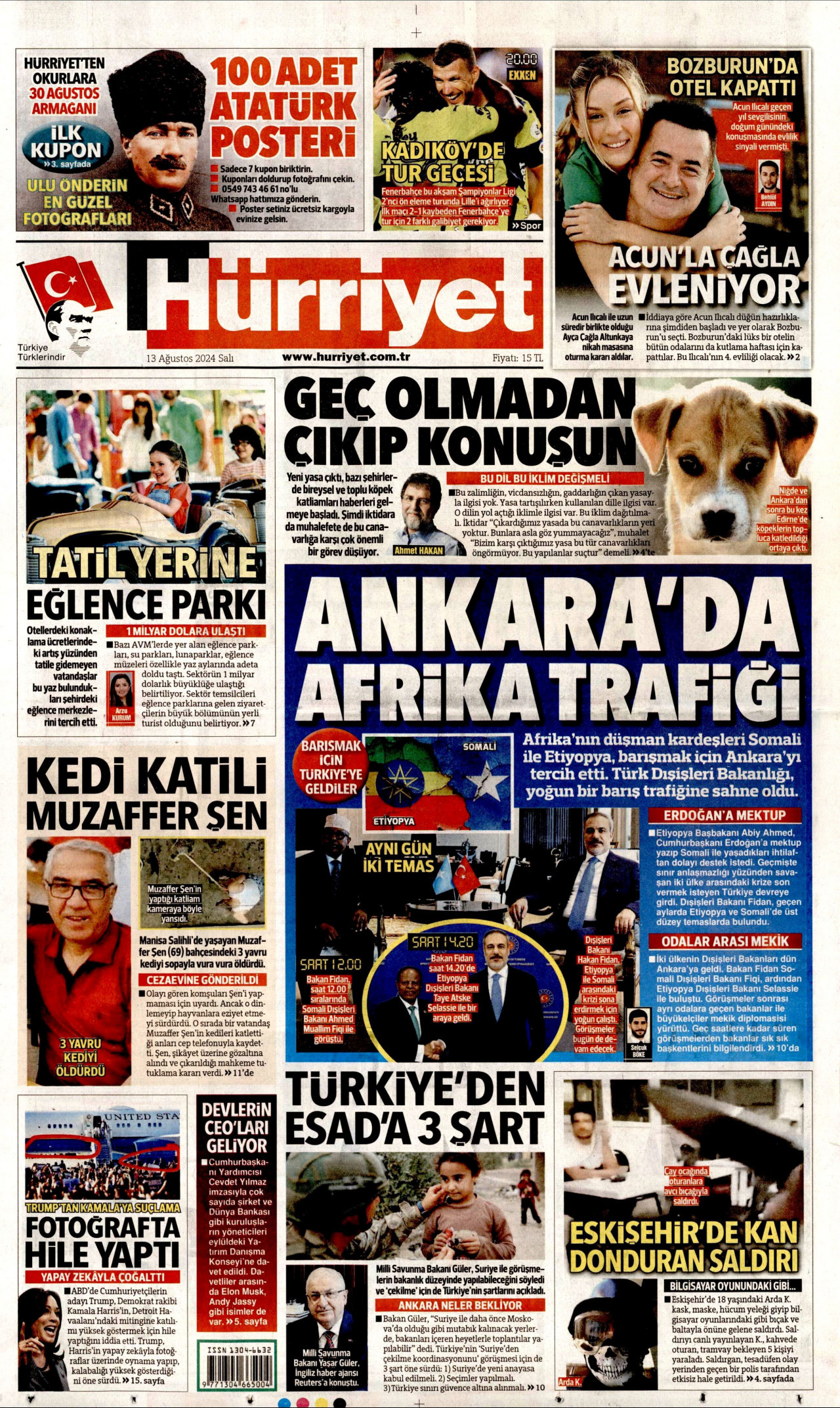 HÜRRİYET gazetesinin 13 Ağustos 2024 tarihli birinci sayfası