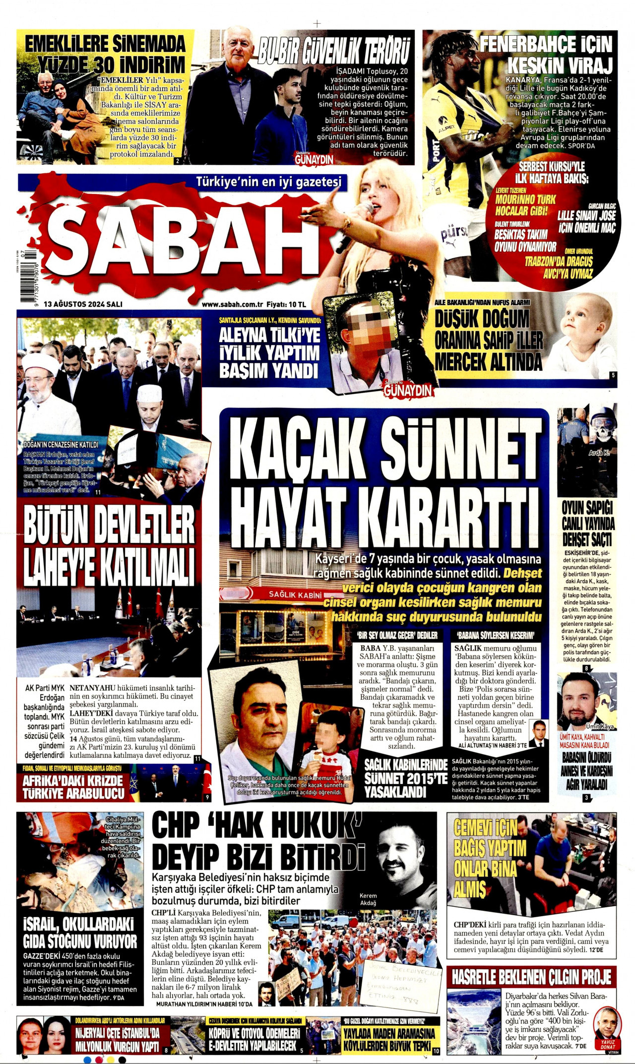 SABAH gazetesinin 13 Ağustos 2024 tarihli birinci sayfası