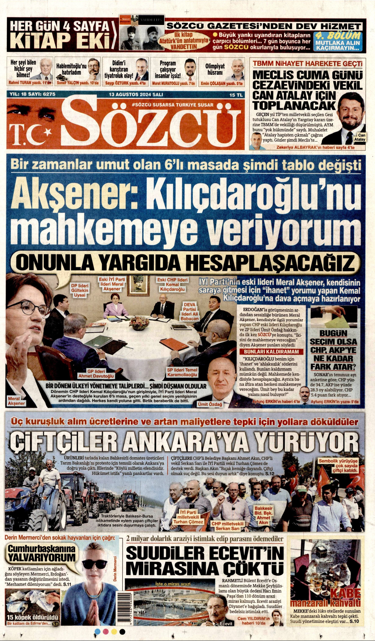SÖZCÜ gazetesinin 13 Ağustos 2024 tarihli birinci sayfası