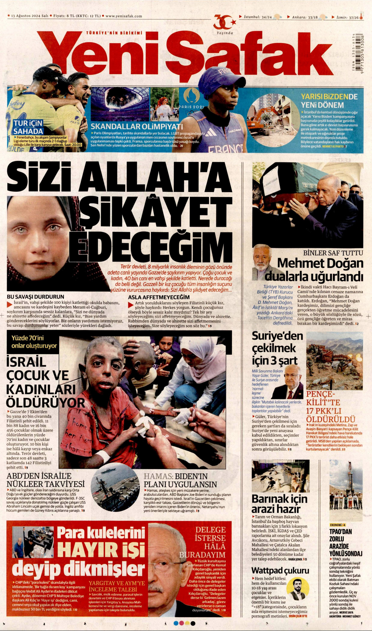 YENİ ŞAFAK gazetesinin 13 Ağustos 2024 tarihli birinci sayfası