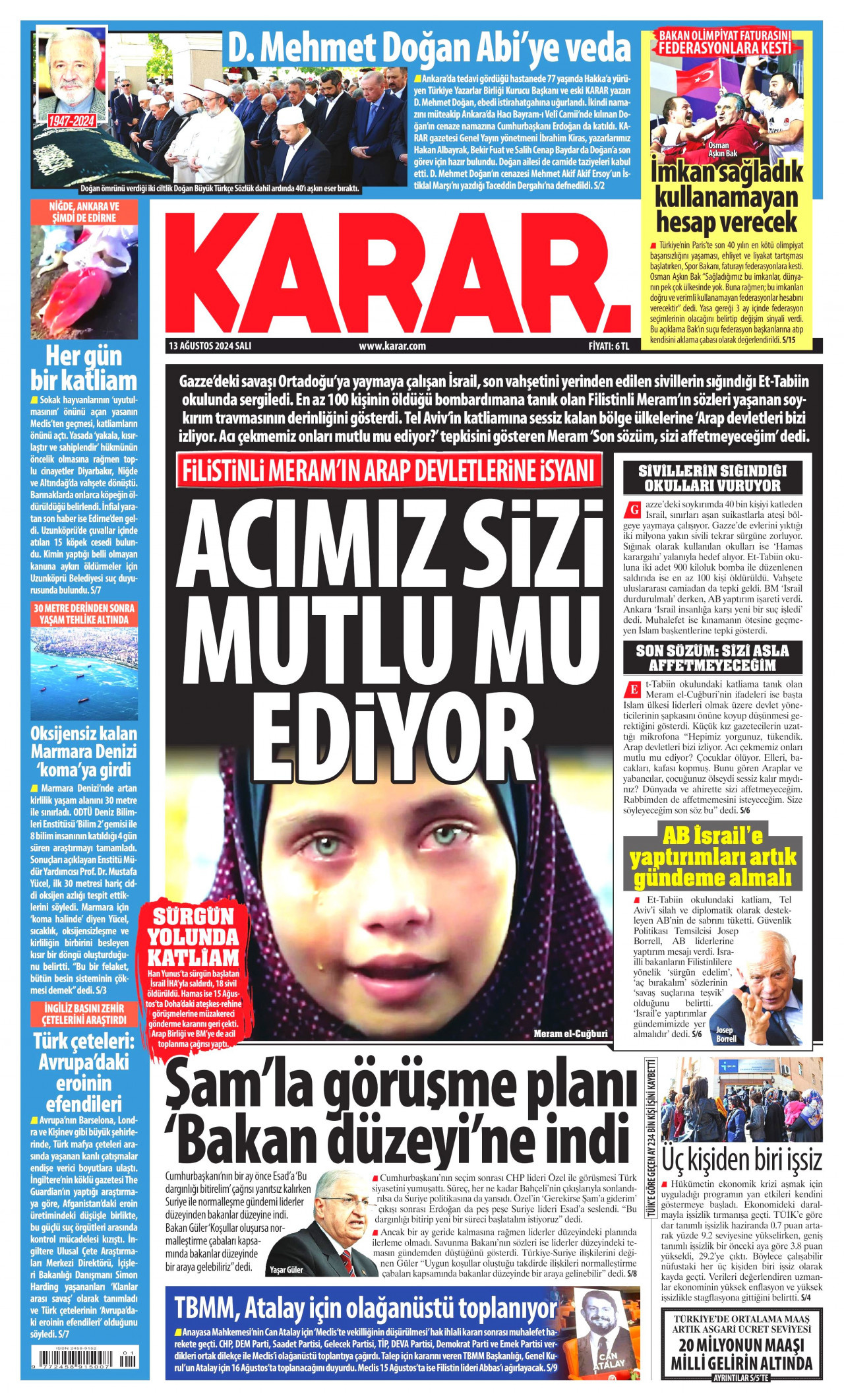 KARAR gazetesinin 13 Ağustos 2024 tarihli birinci sayfası