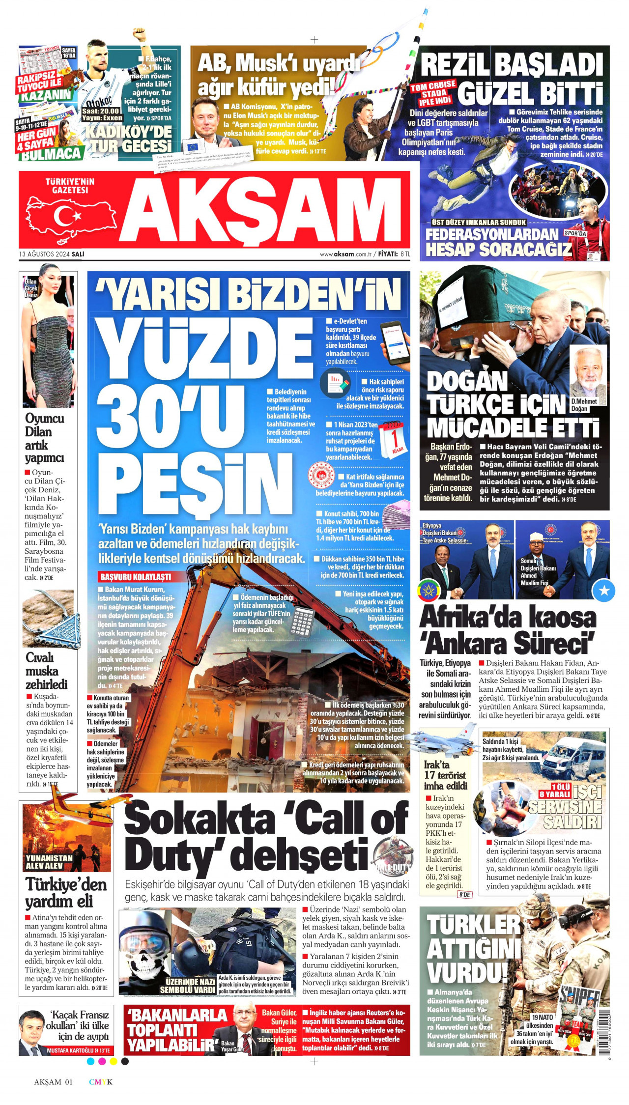 AKŞAM gazetesinin 13 Ağustos 2024 tarihli birinci sayfası