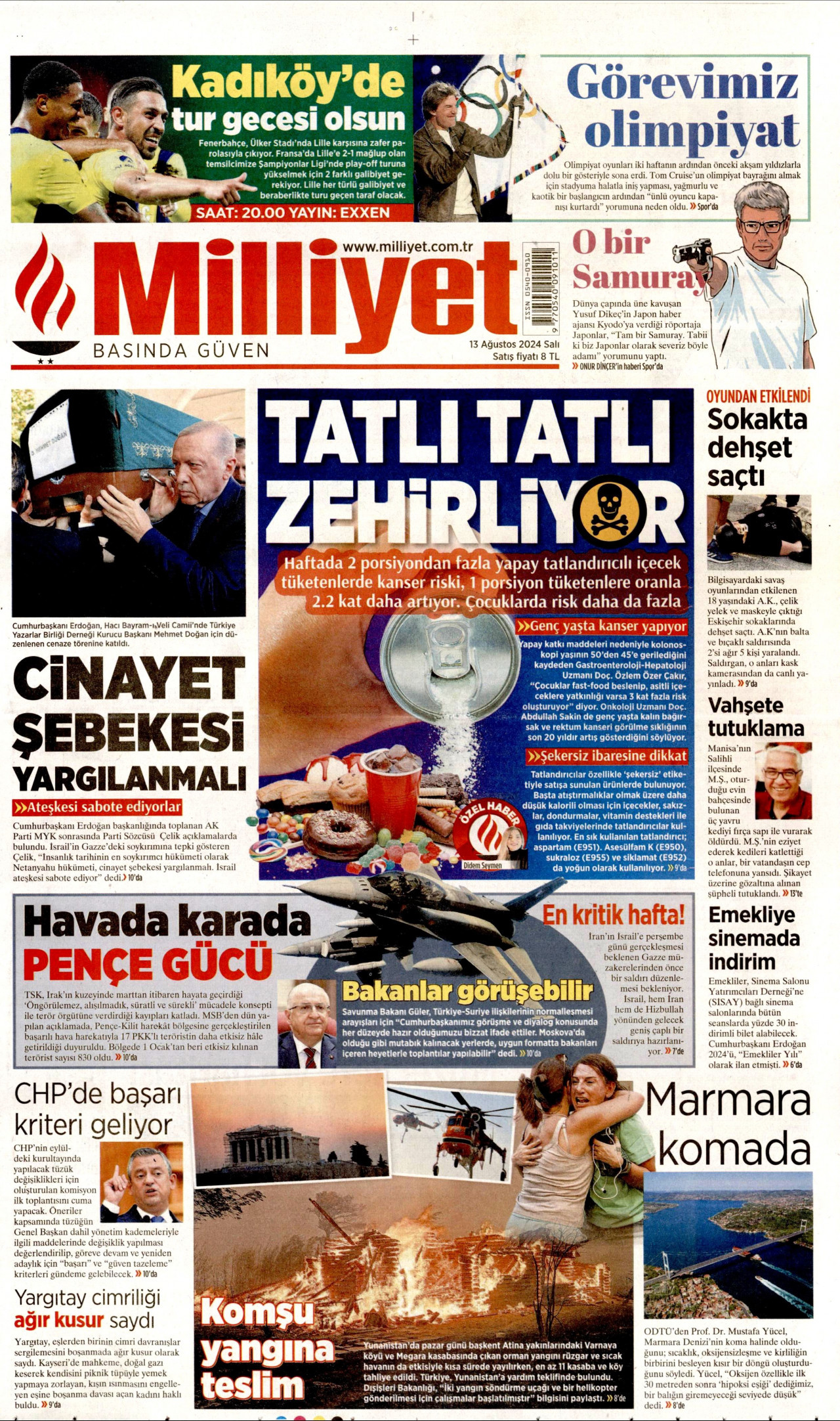 MİLLİYET gazetesinin 13 Ağustos 2024 tarihli birinci sayfası