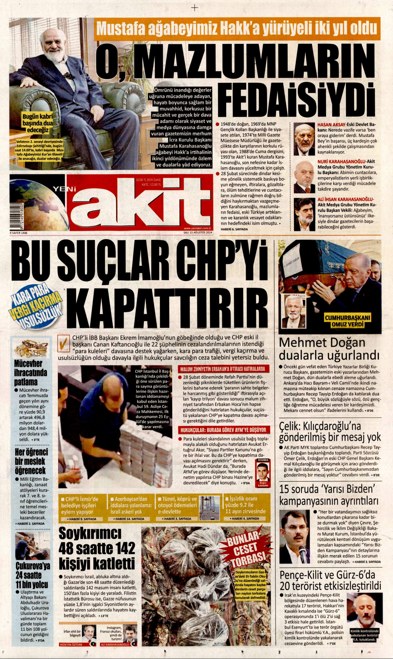 YENİ AKİT gazetesinin 13 Ağustos 2024 tarihli birinci sayfası