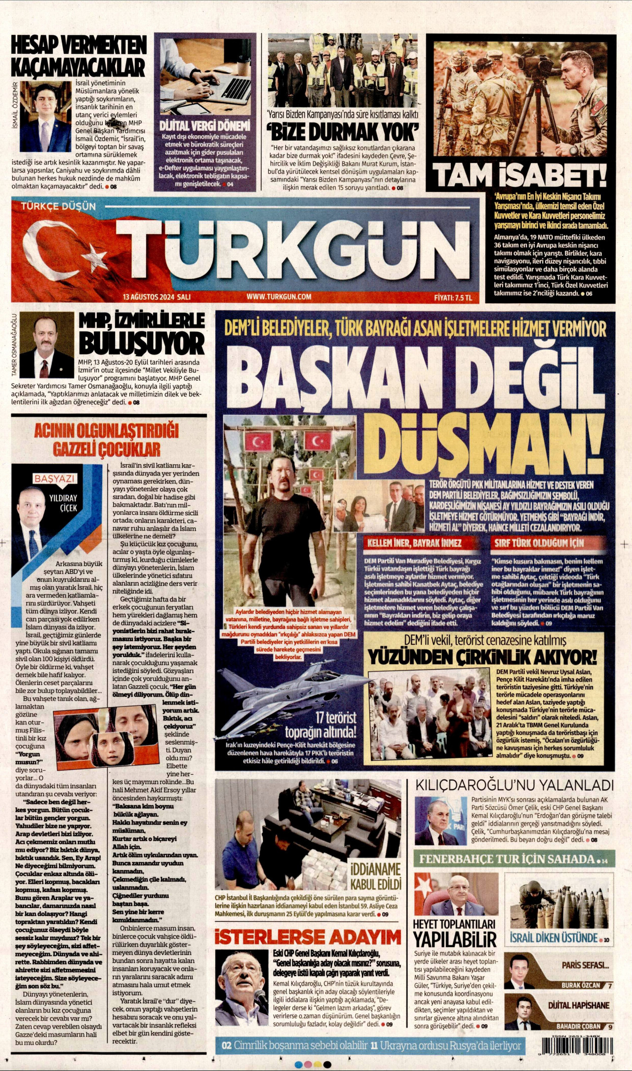 TÜRKGÜN gazetesinin 13 Ağustos 2024 tarihli birinci sayfası