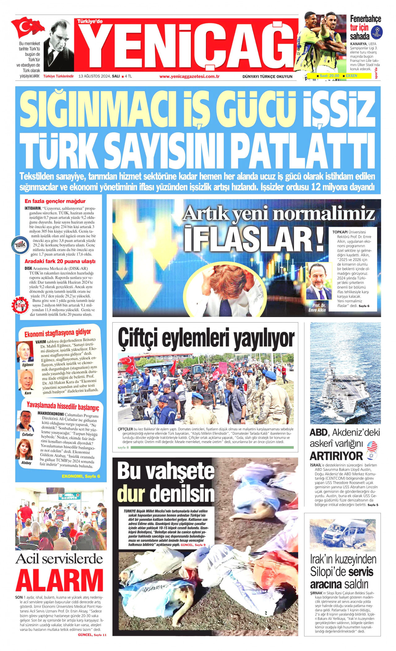 YENİÇAĞ gazetesinin 13 Ağustos 2024 tarihli birinci sayfası