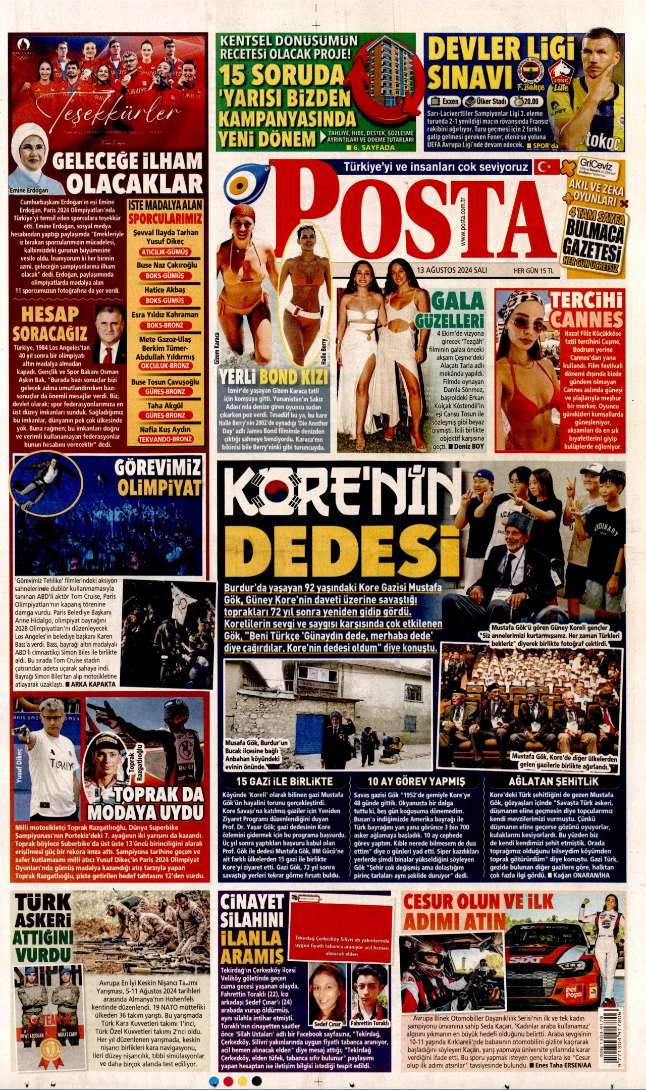 POSTA gazetesinin 13 Ağustos 2024 tarihli birinci sayfası
