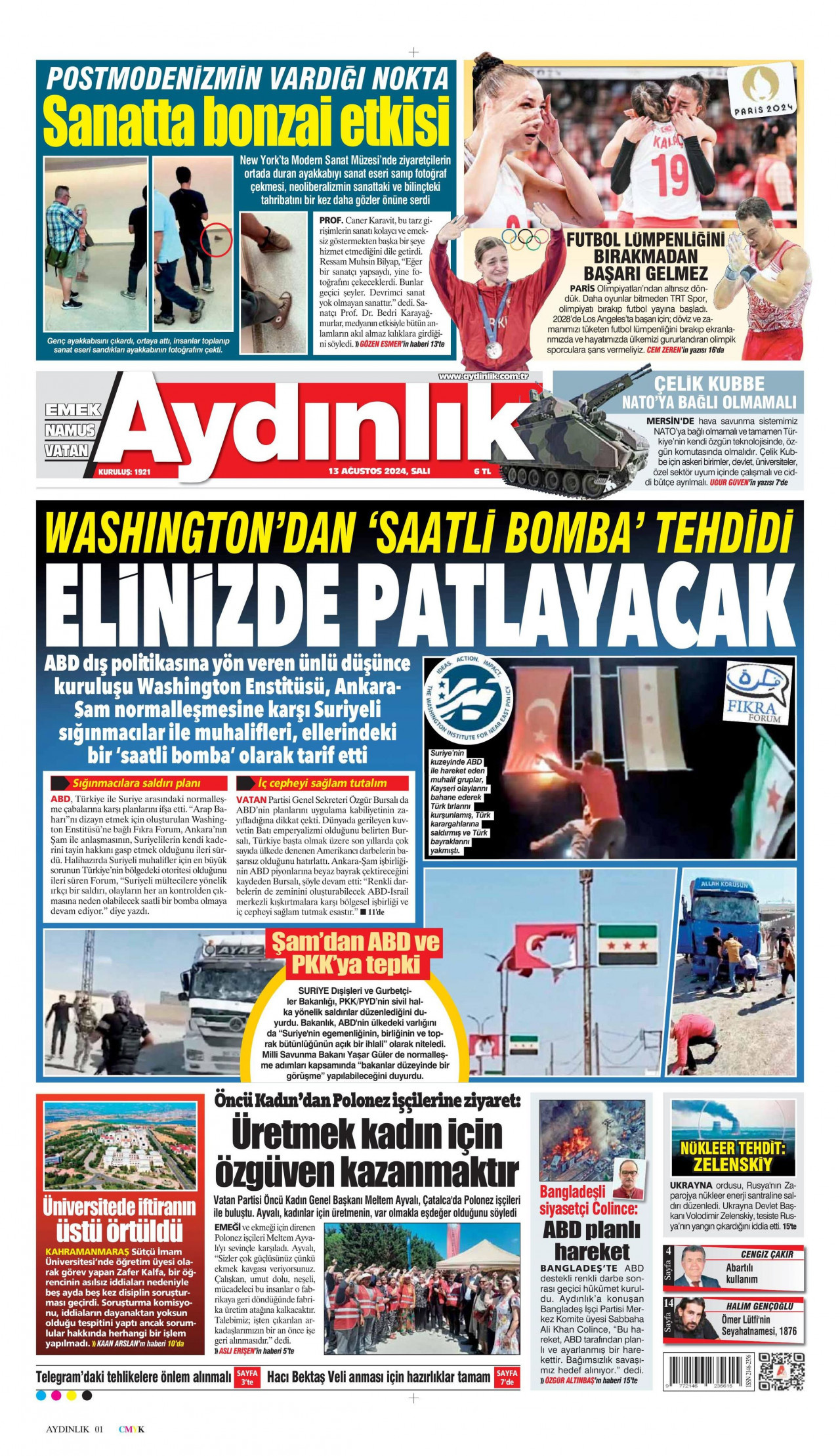 AYDINLIK GAZETESİ gazetesinin 13 Ağustos 2024 tarihli birinci sayfası