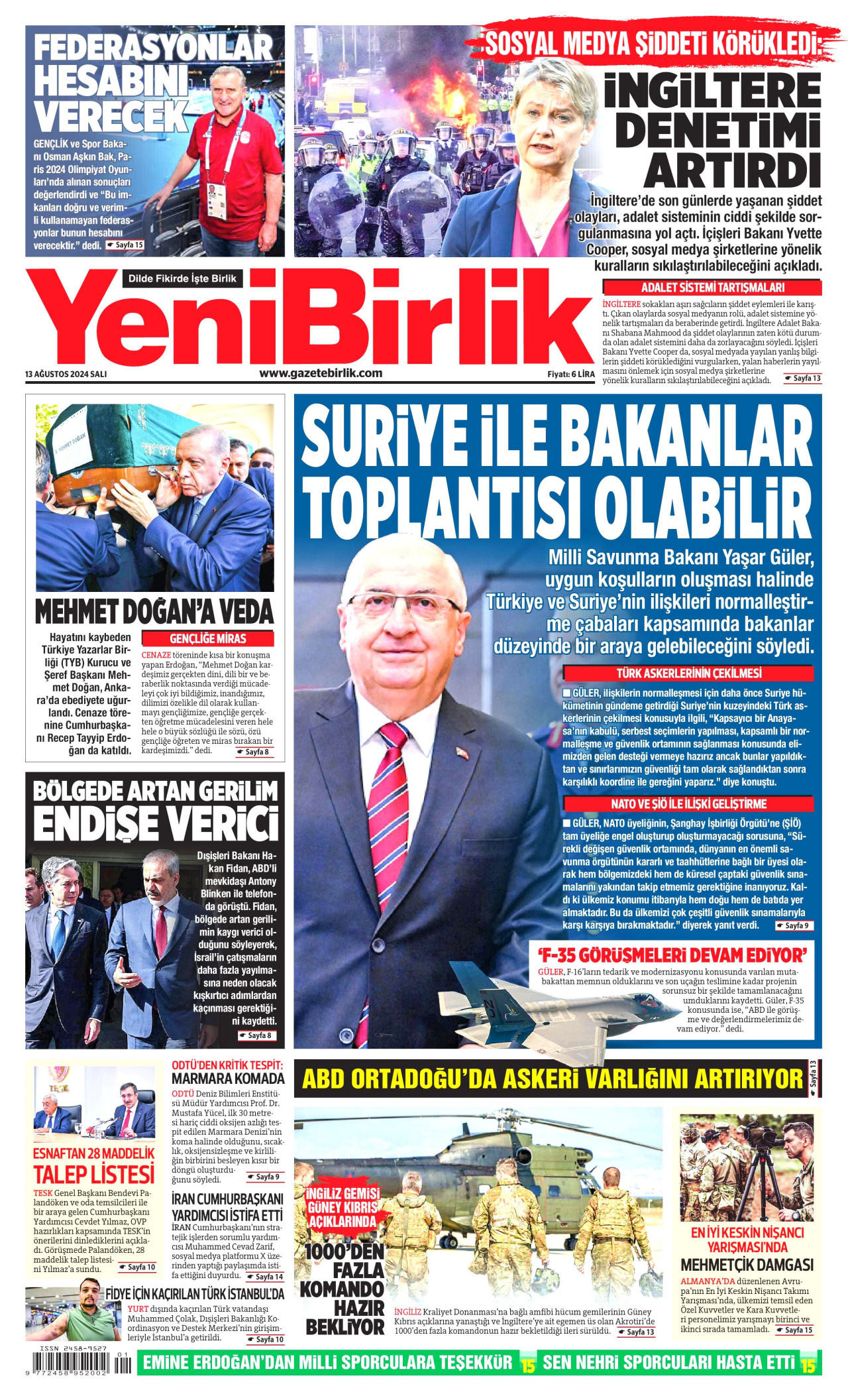 YENİBİRLİK gazetesinin 13 Ağustos 2024 tarihli birinci sayfası