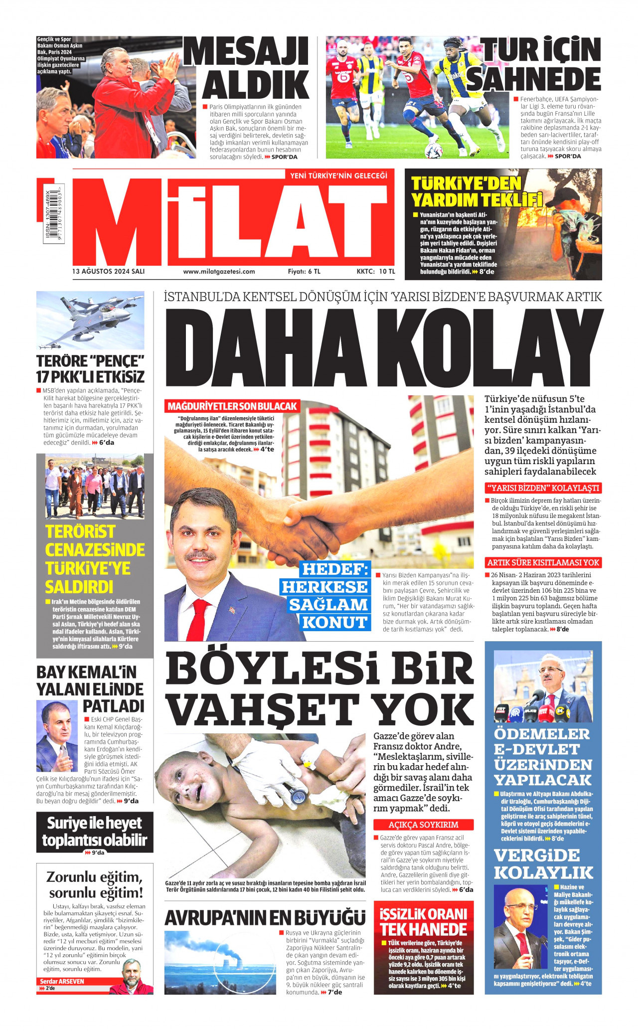 MİLAT gazetesinin 13 Ağustos 2024 tarihli birinci sayfası
