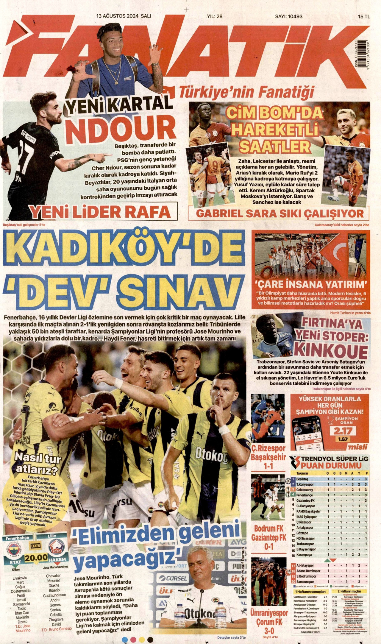 FANATİK gazetesinin 13 Ağustos 2024 tarihli birinci sayfası