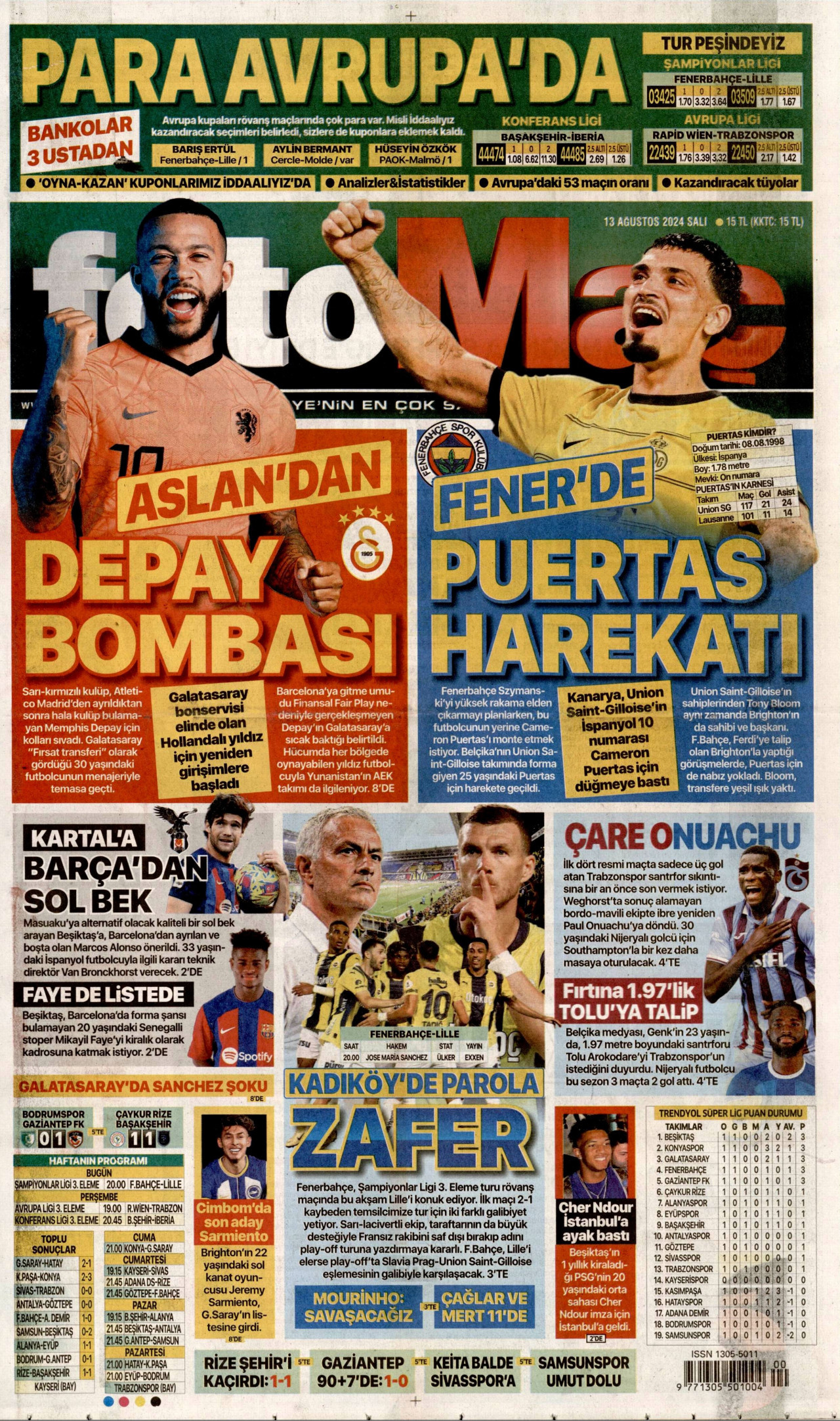 FOTOMAÇ gazetesinin 13 Ağustos 2024 tarihli birinci sayfası