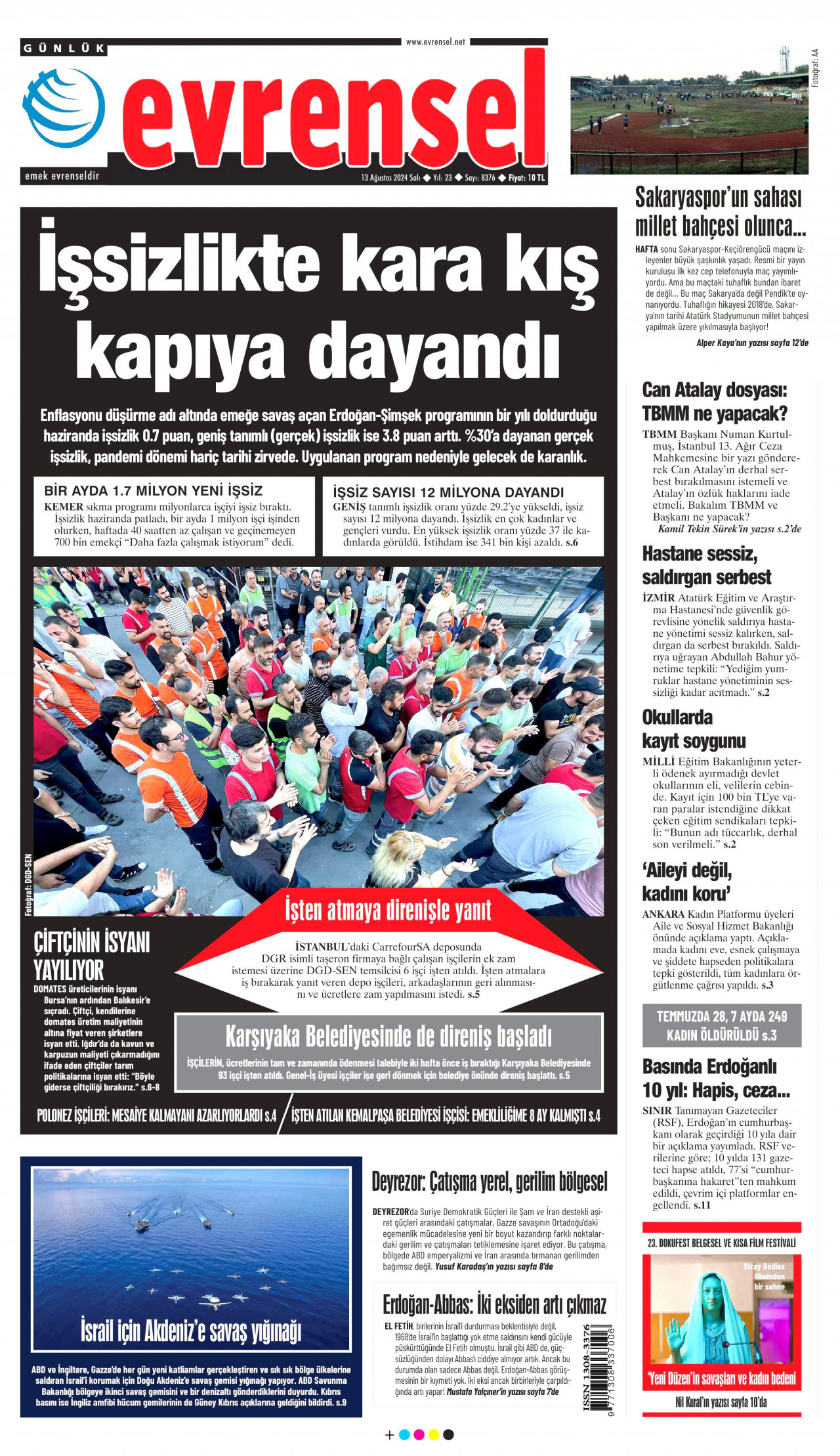 EVRENSEL gazetesinin 13 Ağustos 2024 tarihli birinci sayfası