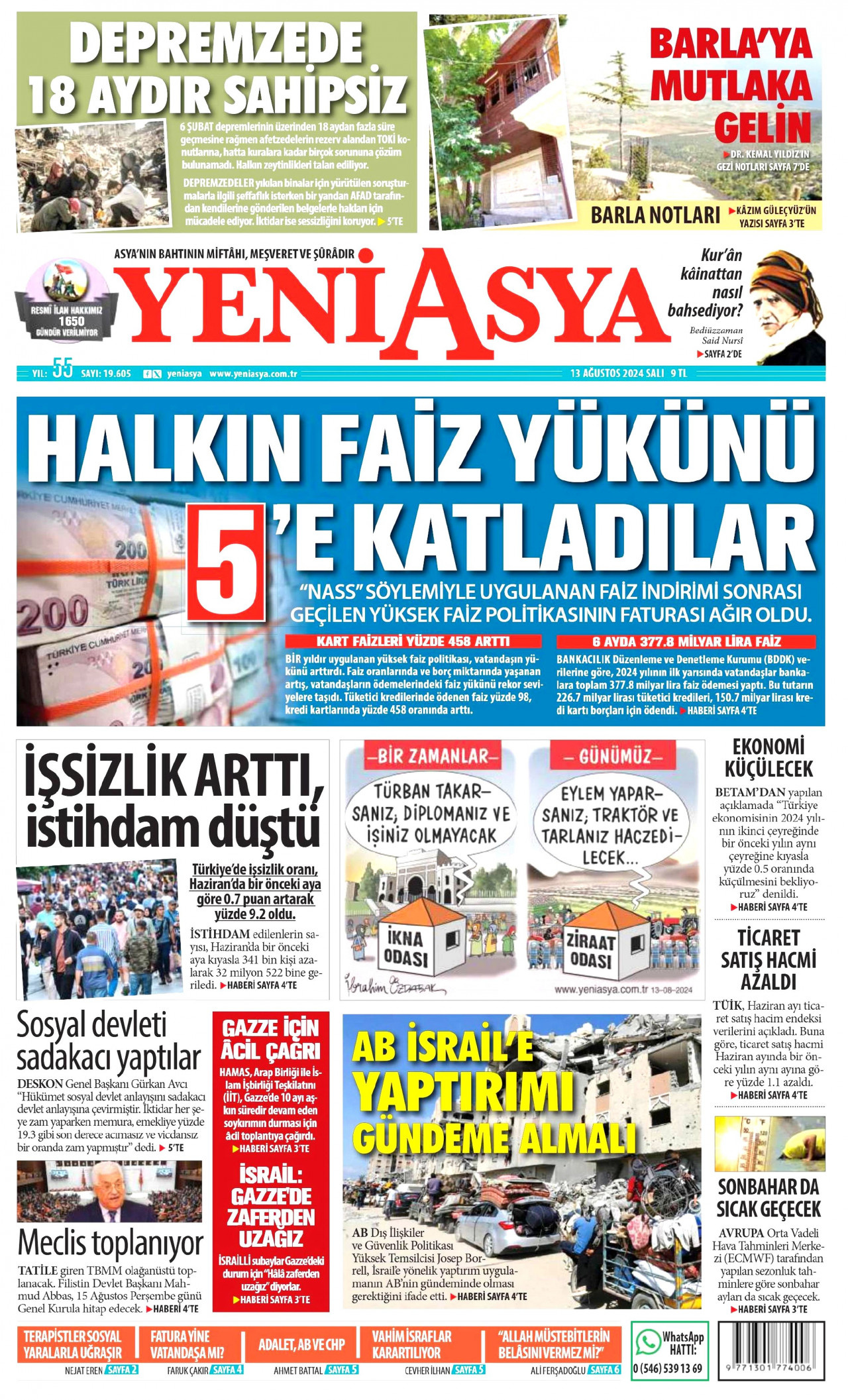 YENİ ASYA gazetesinin 13 Ağustos 2024 tarihli birinci sayfası