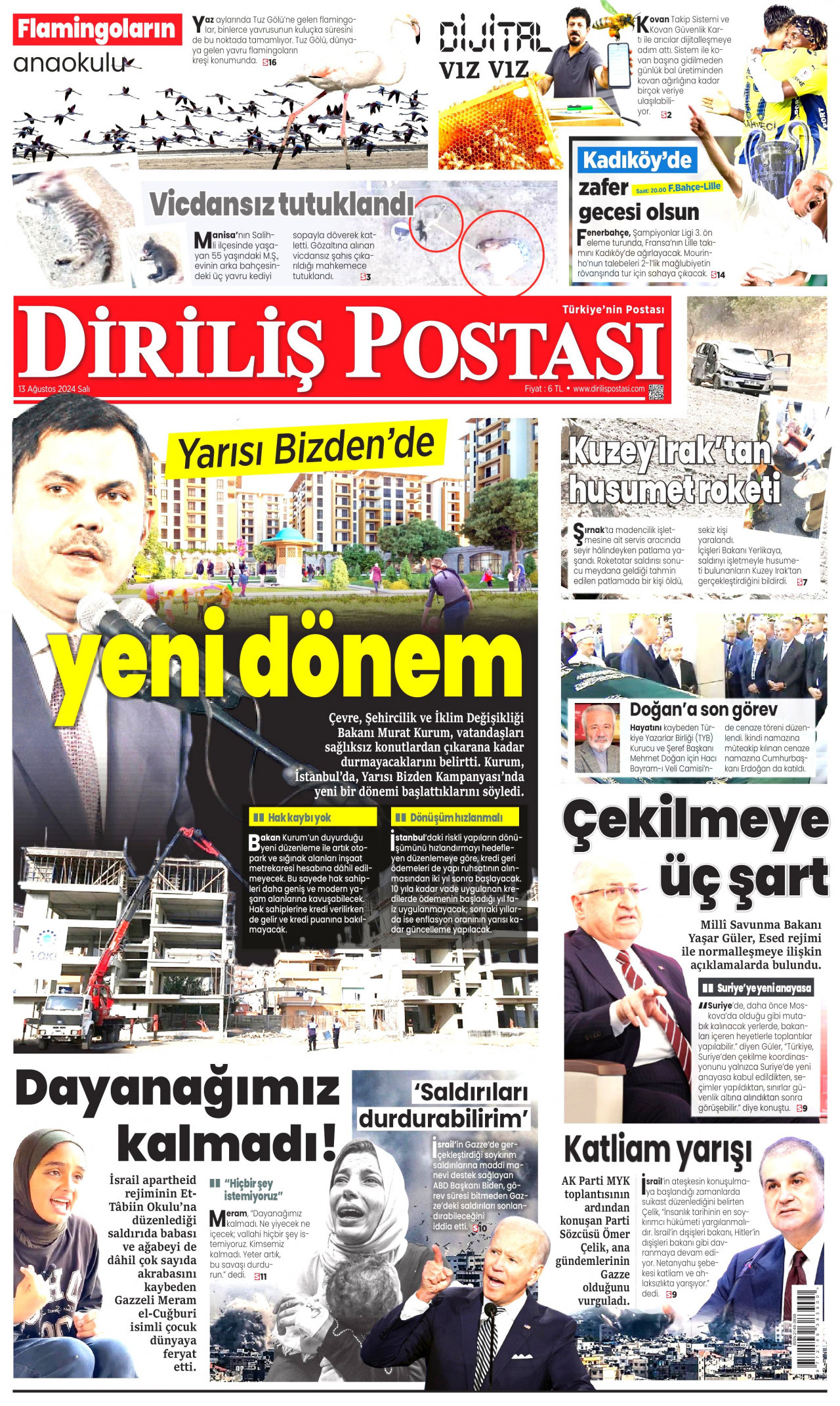 DİRİLİŞ POSTASI gazetesinin 13 Ağustos 2024 tarihli birinci sayfası