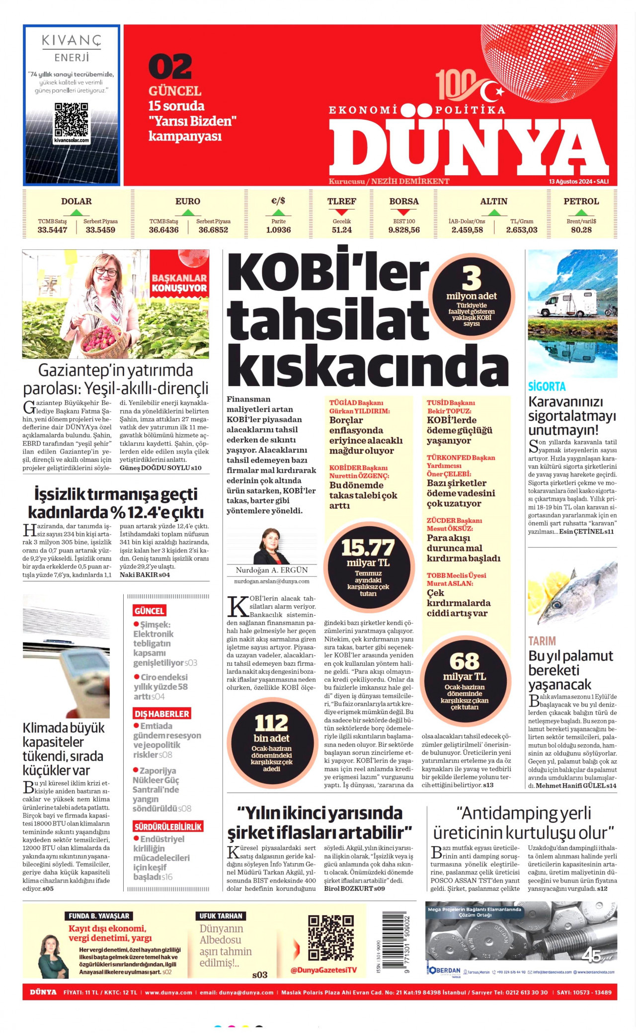 DÜNYA gazetesinin 13 Ağustos 2024 tarihli birinci sayfası