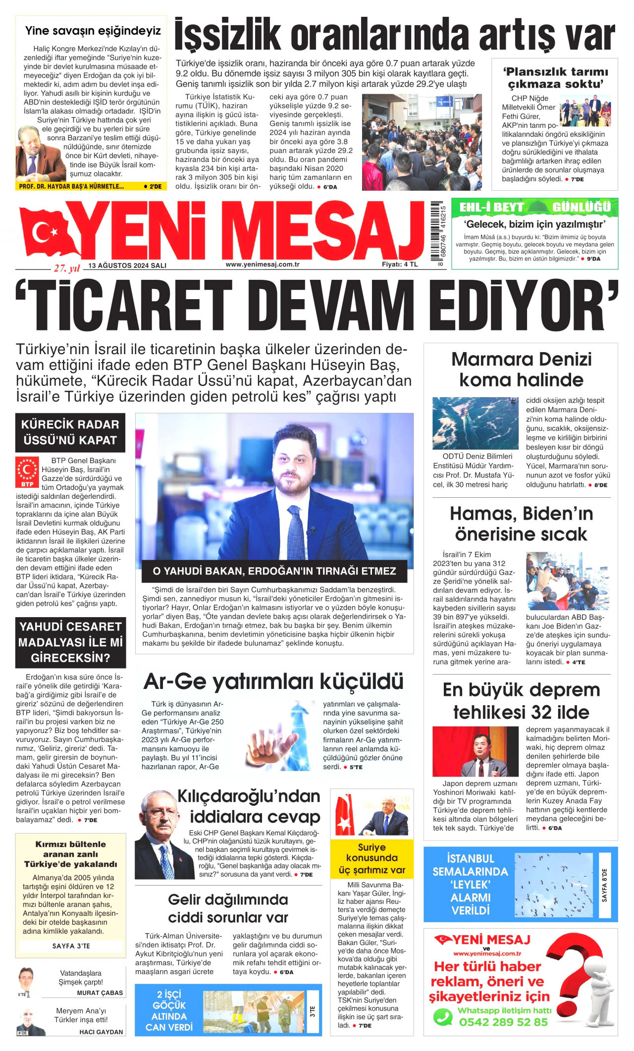 YENİ MESAJ gazetesinin 13 Ağustos 2024 tarihli birinci sayfası