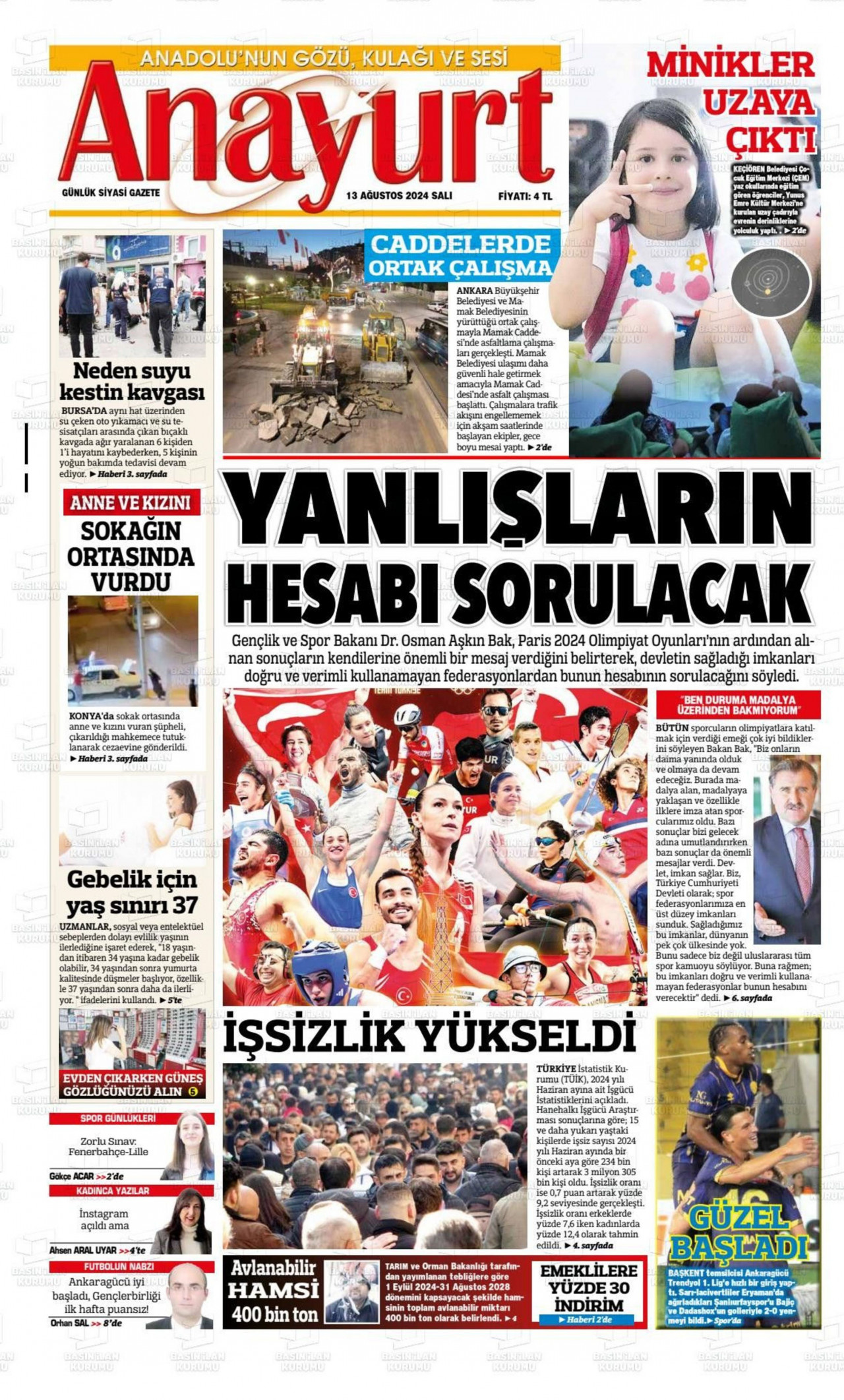 ANAYURT gazetesinin 13 Ağustos 2024 tarihli birinci sayfası