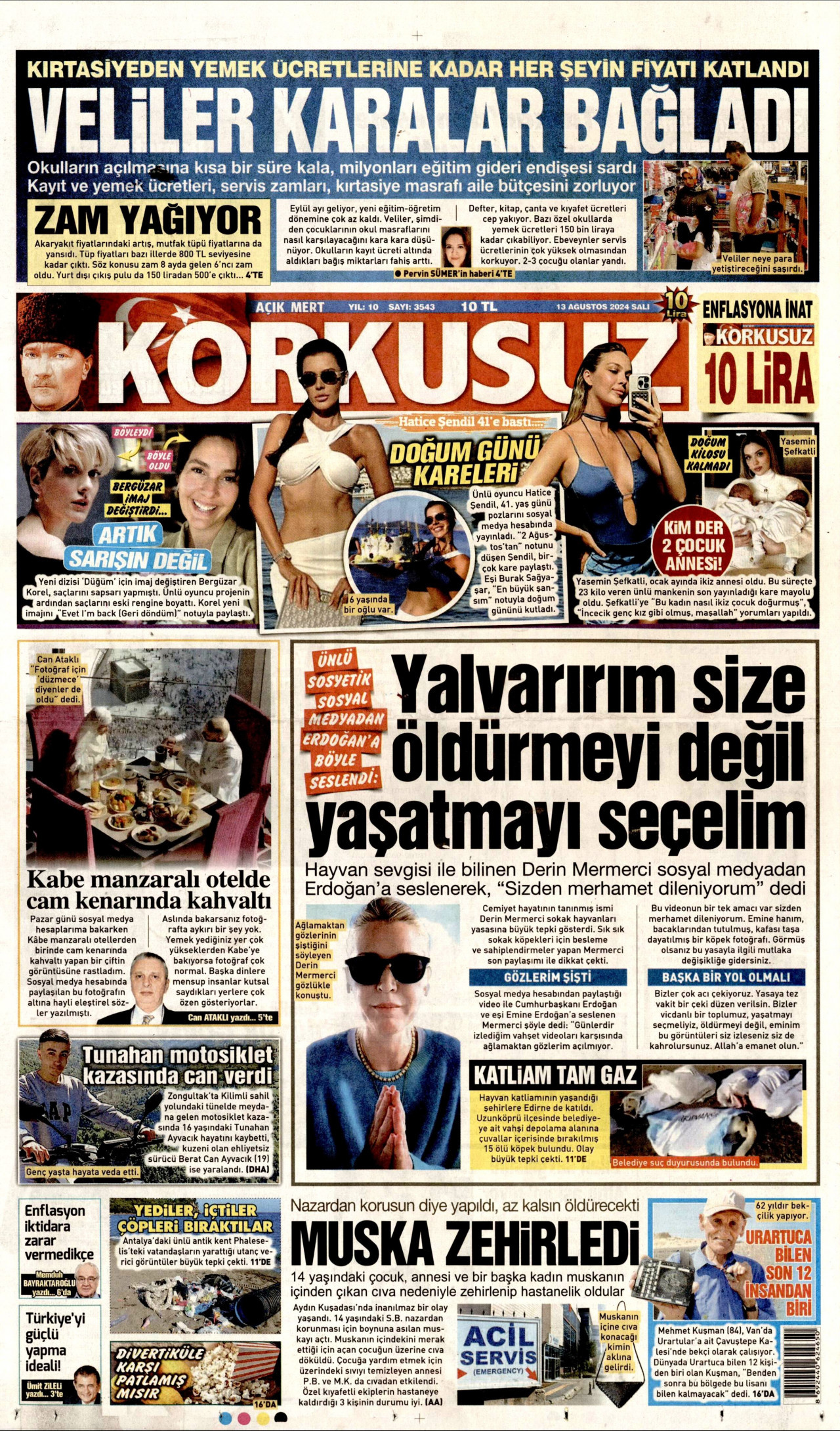 KORKUSUZ gazetesinin 13 Ağustos 2024 tarihli birinci sayfası