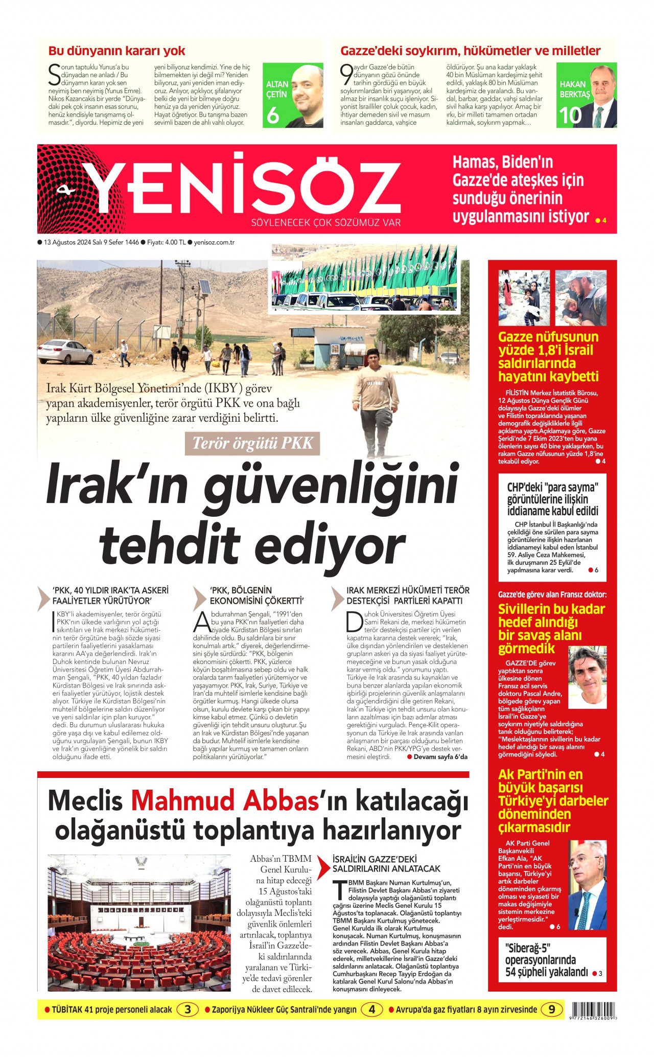 YENİ SÖZ GAZETESİ gazetesinin 13 Ağustos 2024 tarihli birinci sayfası