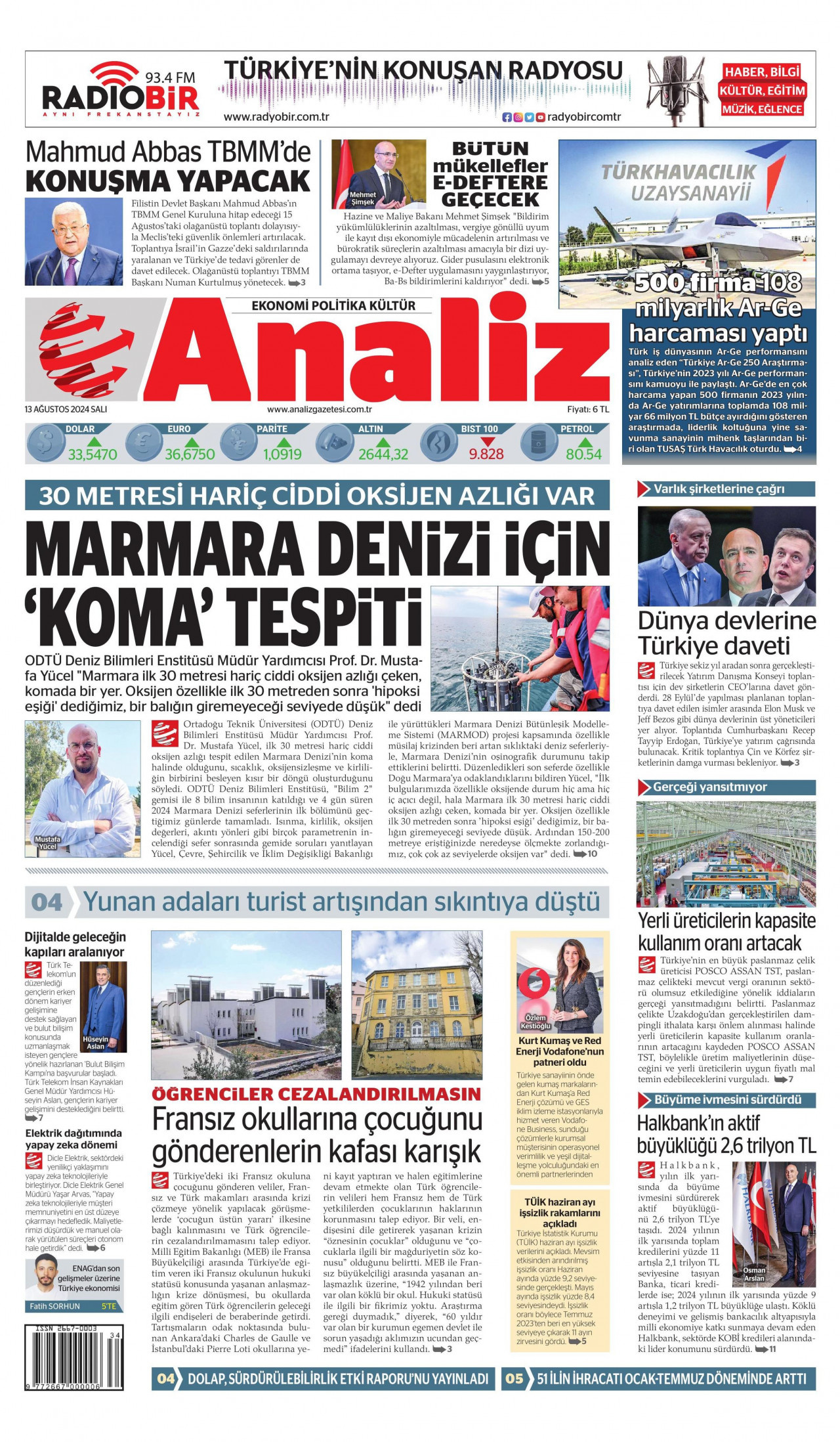 ANALİZ gazetesinin 13 Ağustos 2024 tarihli birinci sayfası