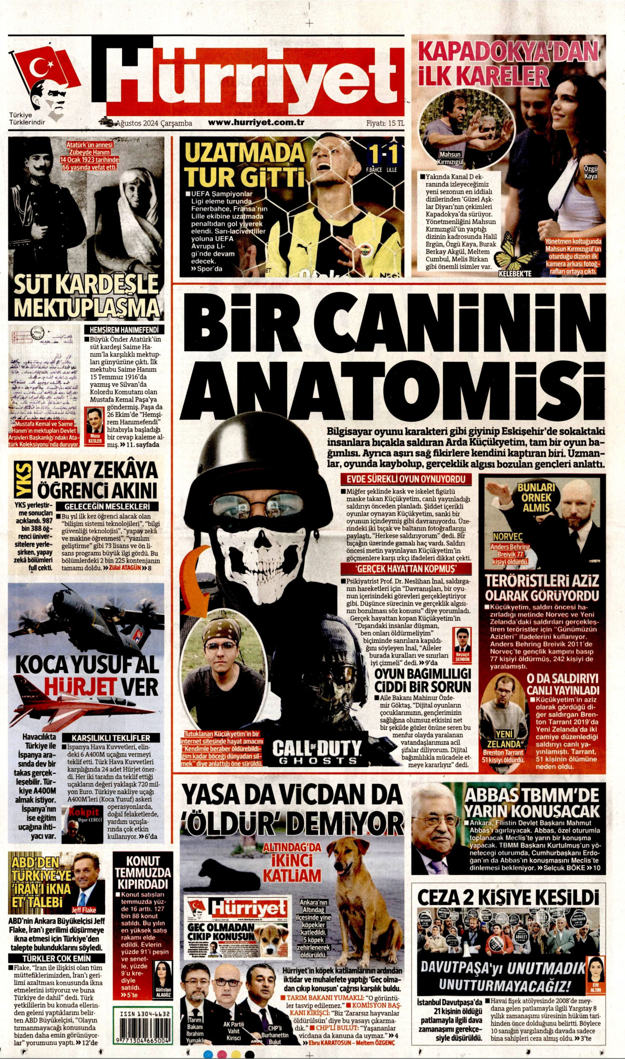 HÜRRİYET gazetesinin 14 Ağustos 2024 tarihli birinci sayfası