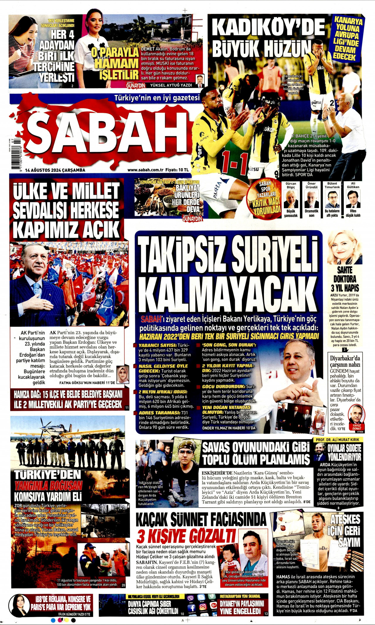 SABAH gazetesinin 14 Ağustos 2024 tarihli birinci sayfası