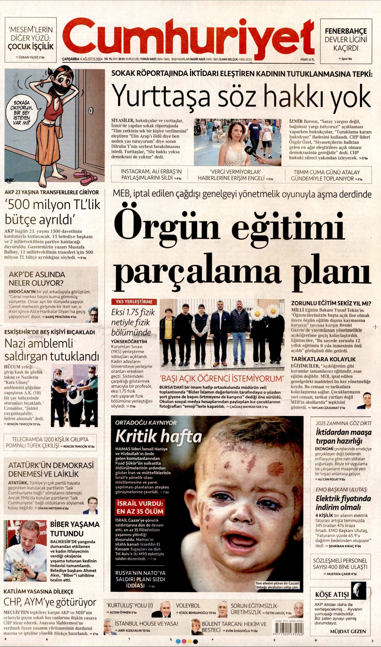 CUMHURİYET gazetesinin 14 Ağustos 2024 tarihli birinci sayfası