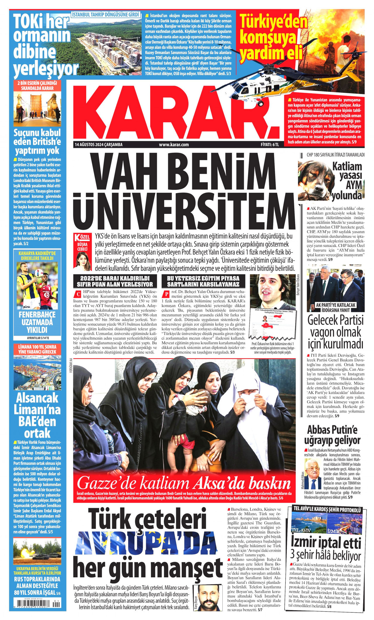 KARAR gazetesinin 14 Ağustos 2024 tarihli birinci sayfası