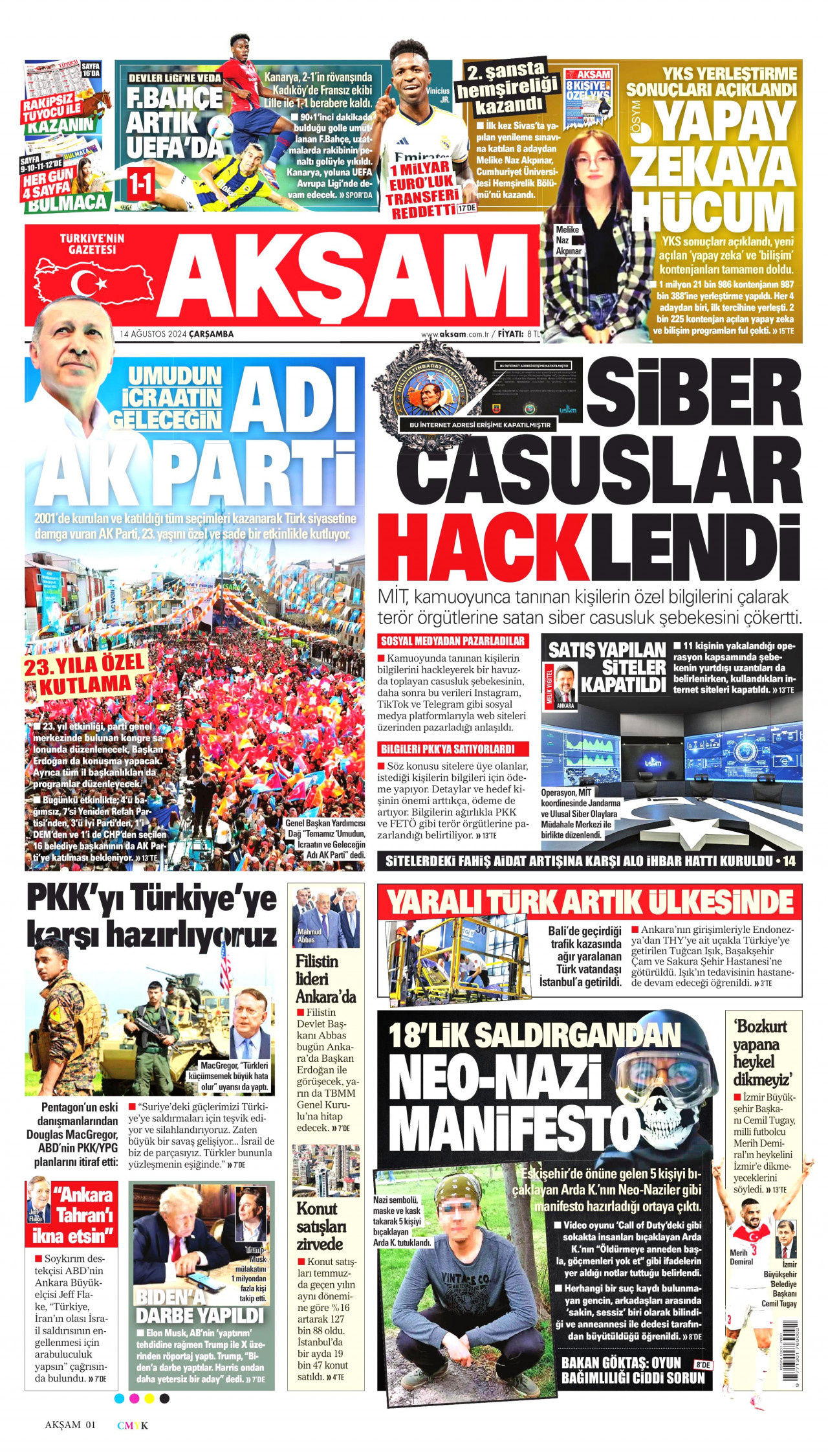AKŞAM gazetesinin 14 Ağustos 2024 tarihli birinci sayfası