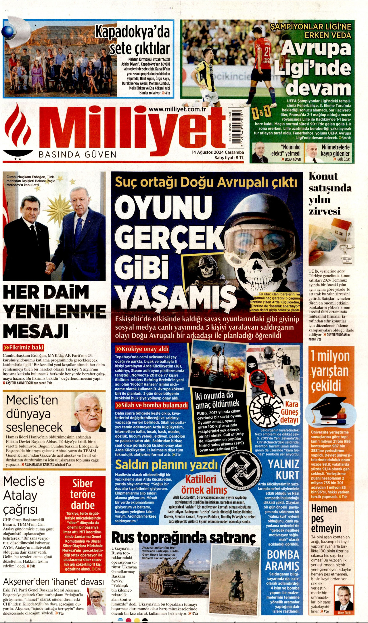 MİLLİYET gazetesinin 14 Ağustos 2024 tarihli birinci sayfası