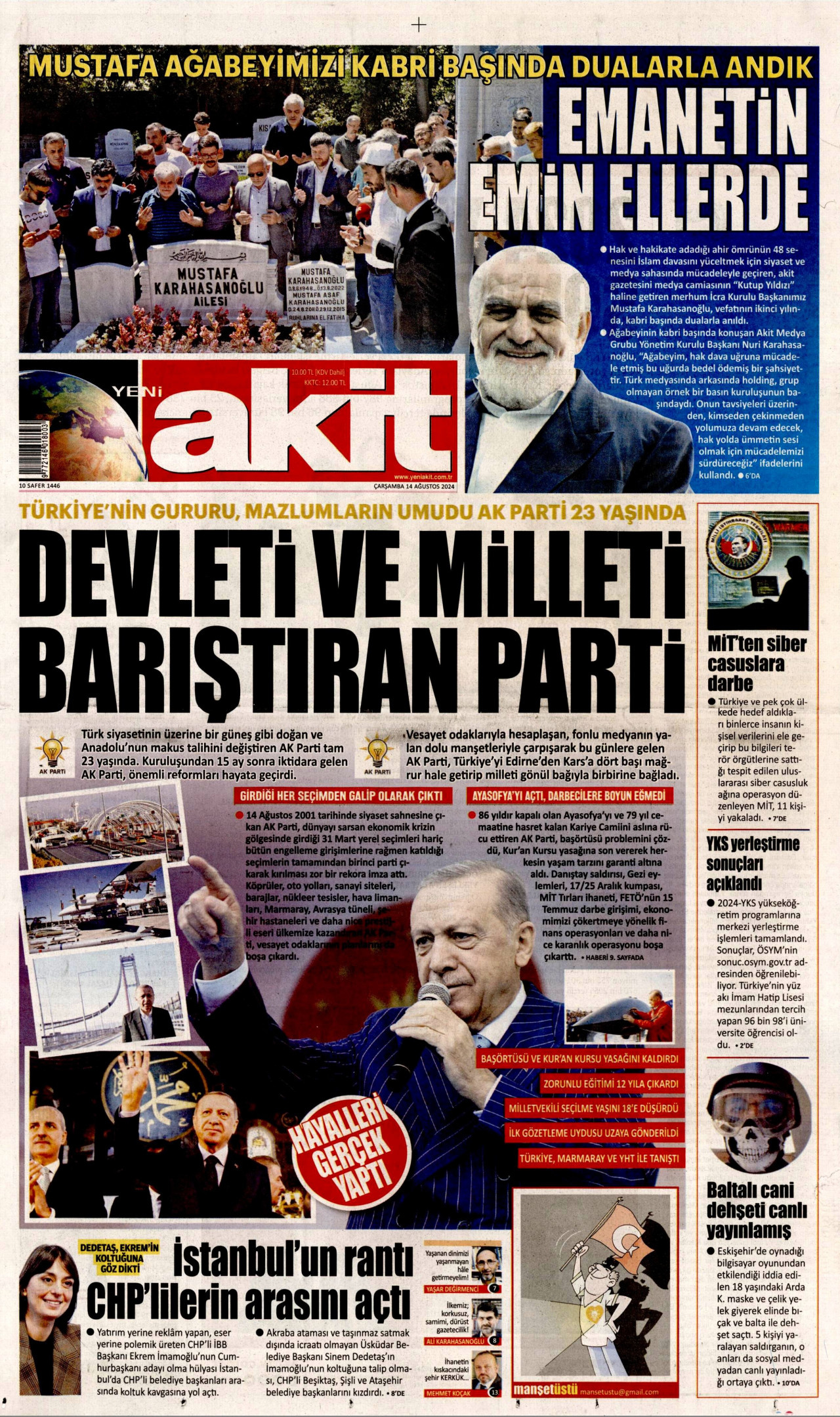 YENİ AKİT gazetesinin 14 Ağustos 2024 tarihli birinci sayfası