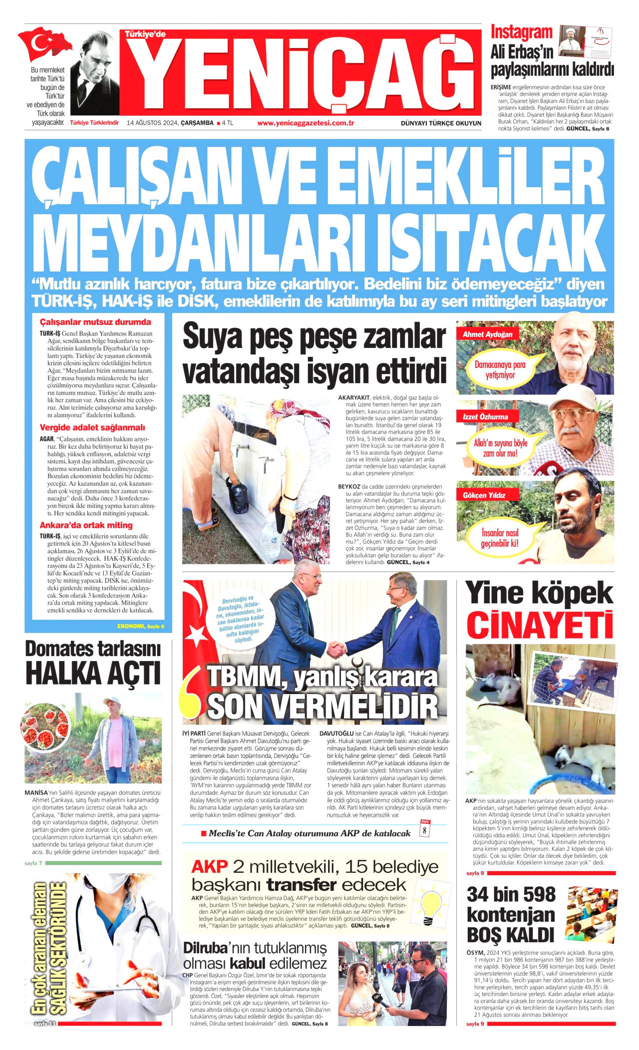 YENİÇAĞ gazetesinin 14 Ağustos 2024 tarihli birinci sayfası