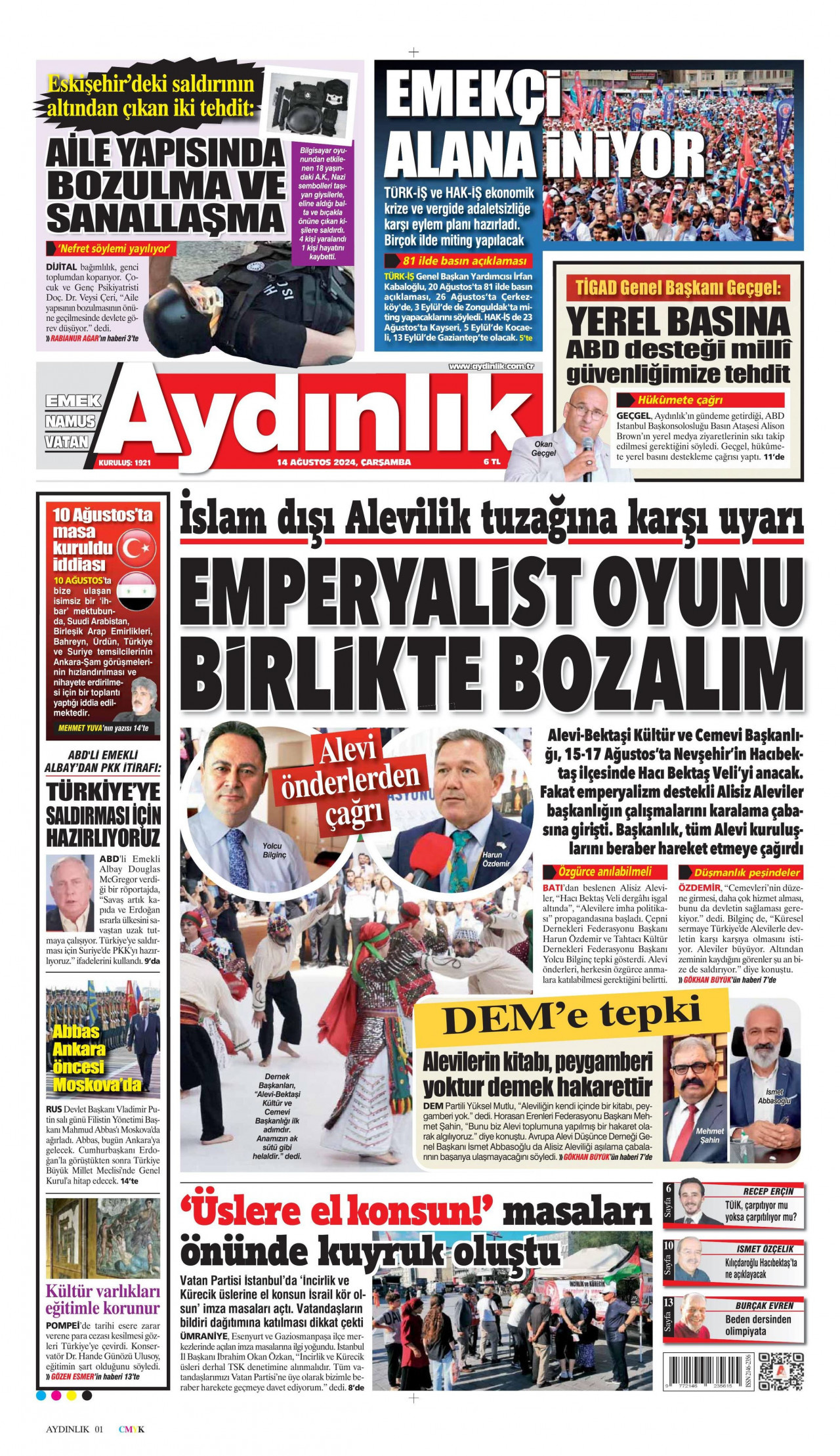 AYDINLIK GAZETESİ gazetesinin 14 Ağustos 2024 tarihli birinci sayfası