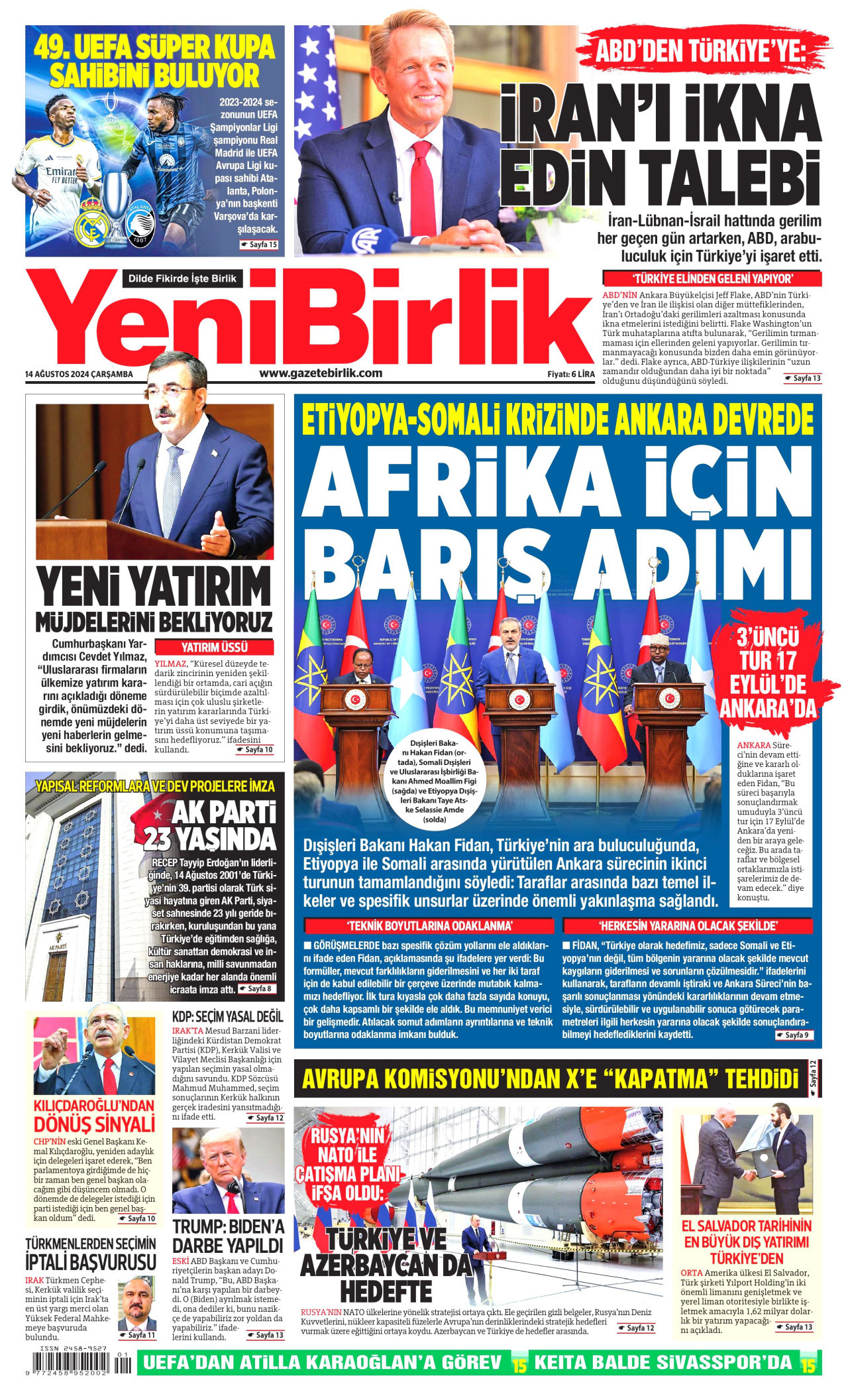 YENİBİRLİK gazetesinin 14 Ağustos 2024 tarihli birinci sayfası