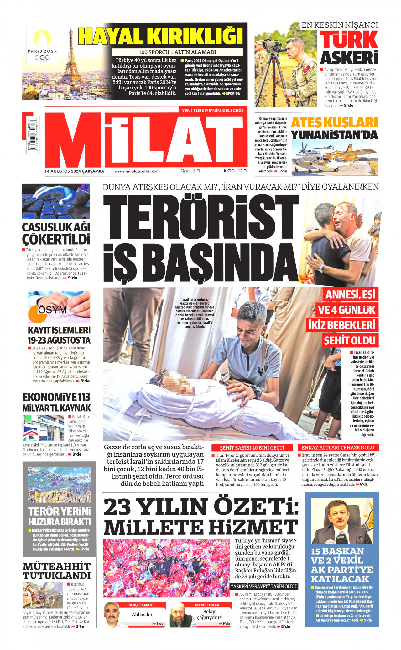 MİLAT gazetesinin 14 Ağustos 2024 tarihli birinci sayfası