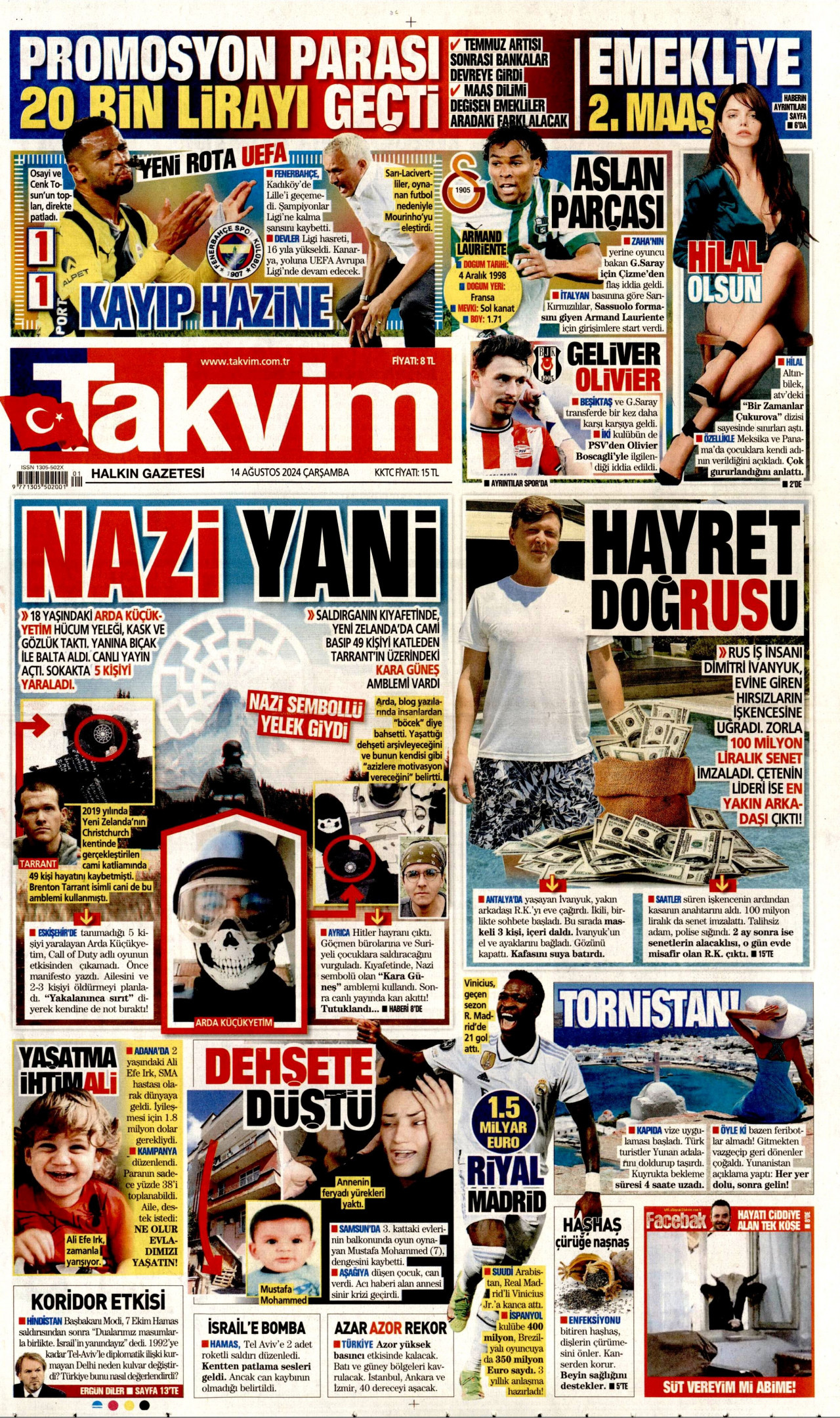 TAKVİM gazetesinin 14 Ağustos 2024 tarihli birinci sayfası