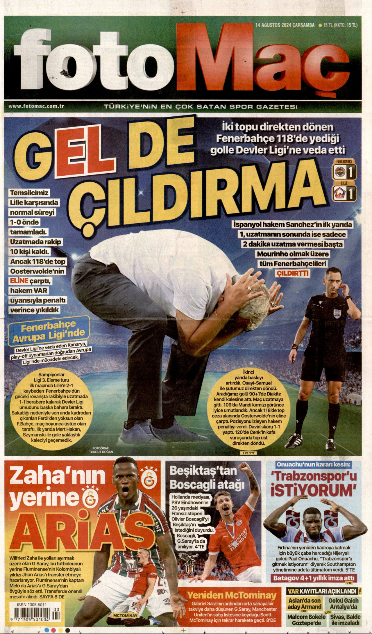 FOTOMAÇ gazetesinin 14 Ağustos 2024 tarihli birinci sayfası