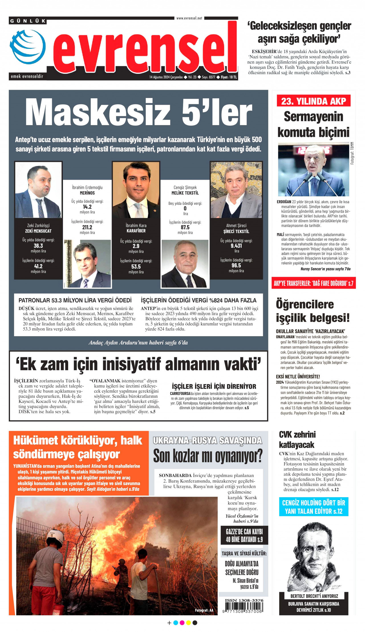 EVRENSEL gazetesinin 14 Ağustos 2024 tarihli birinci sayfası