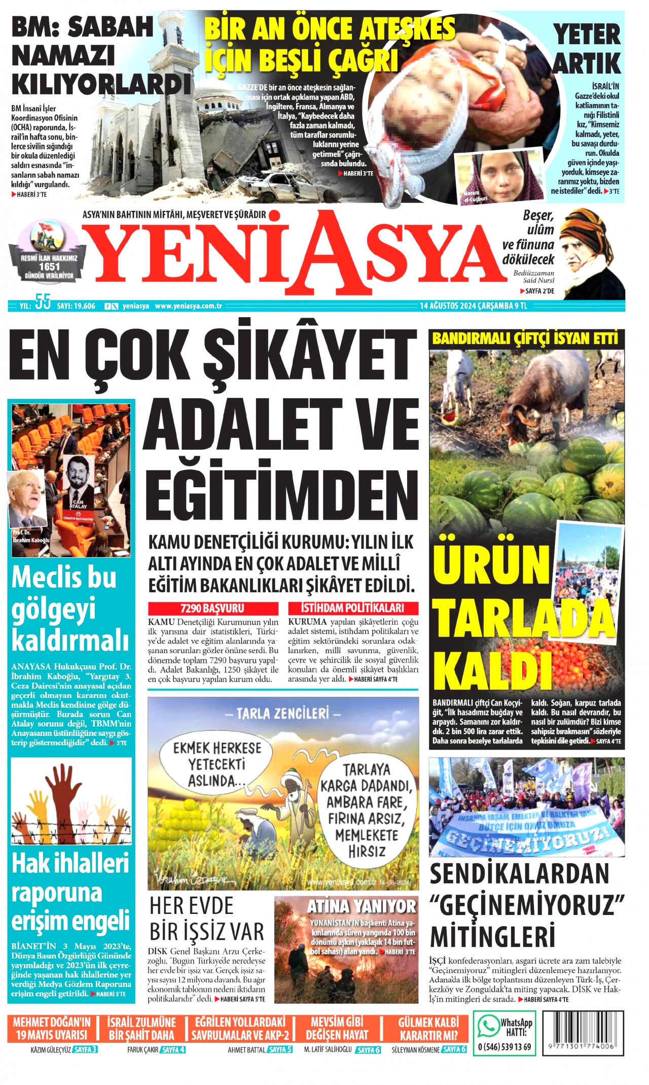 YENİ ASYA gazetesinin 14 Ağustos 2024 tarihli birinci sayfası