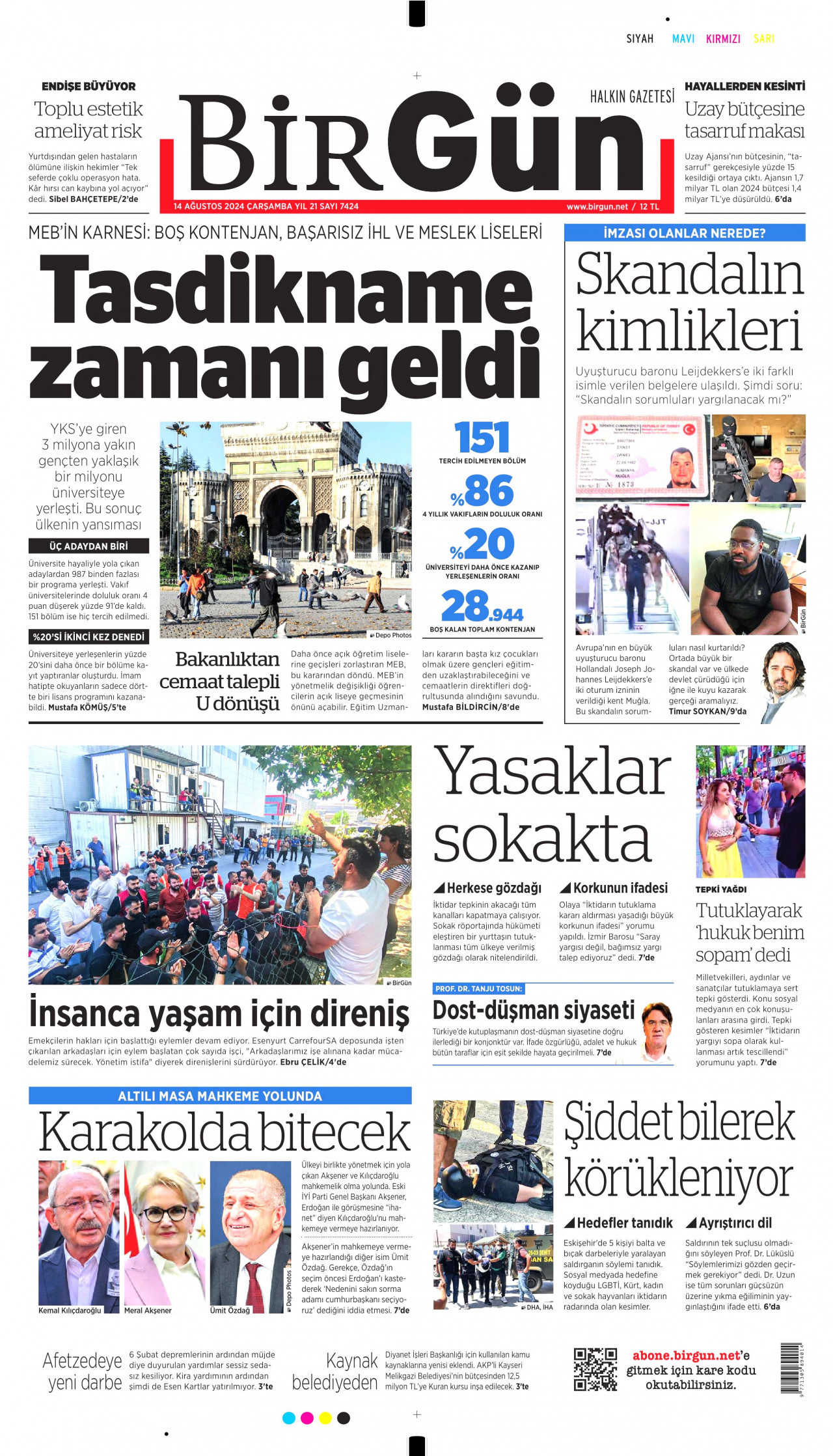 BİRGÜN gazetesinin 14 Ağustos 2024 tarihli birinci sayfası