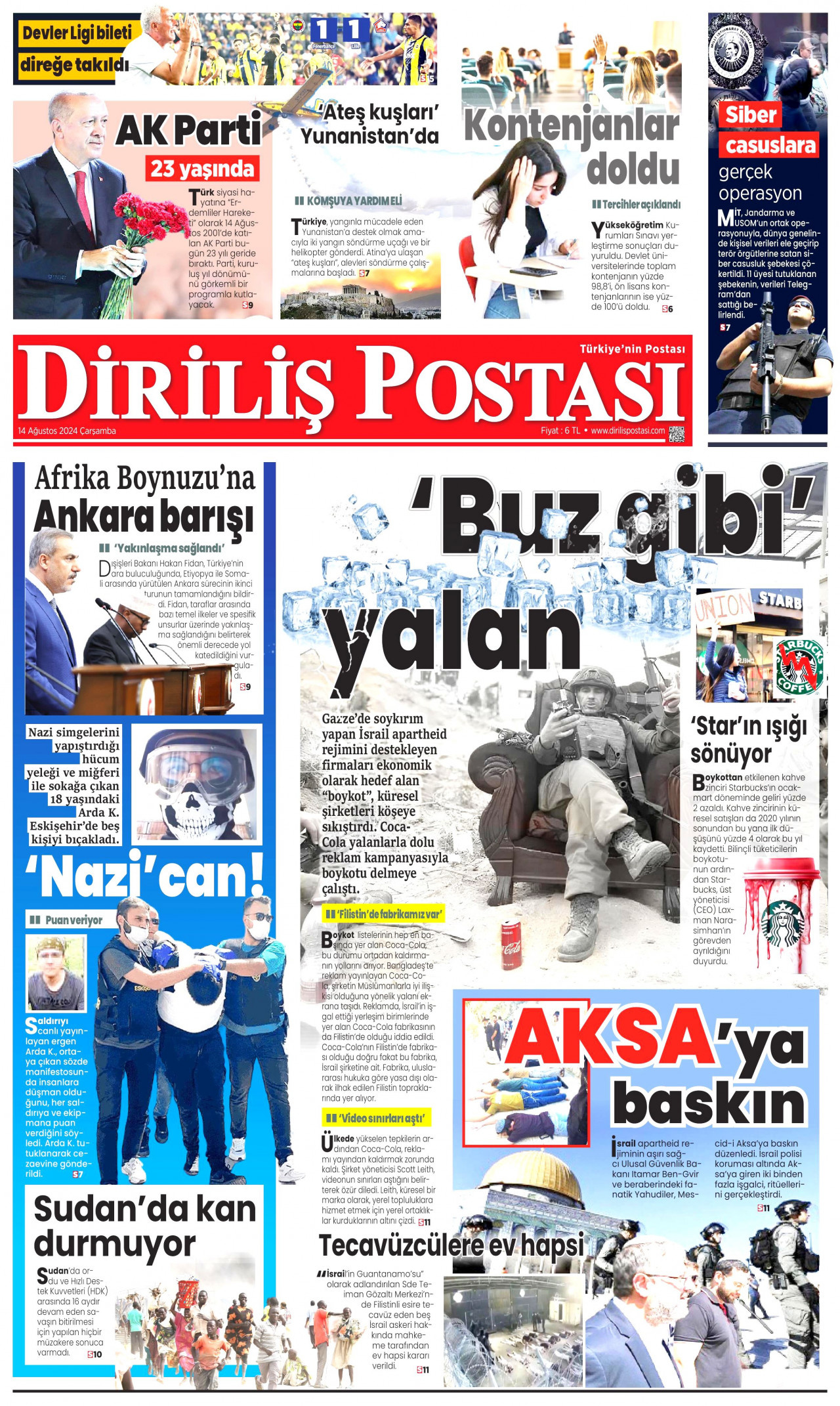 DİRİLİŞ POSTASI gazetesinin 14 Ağustos 2024 tarihli birinci sayfası