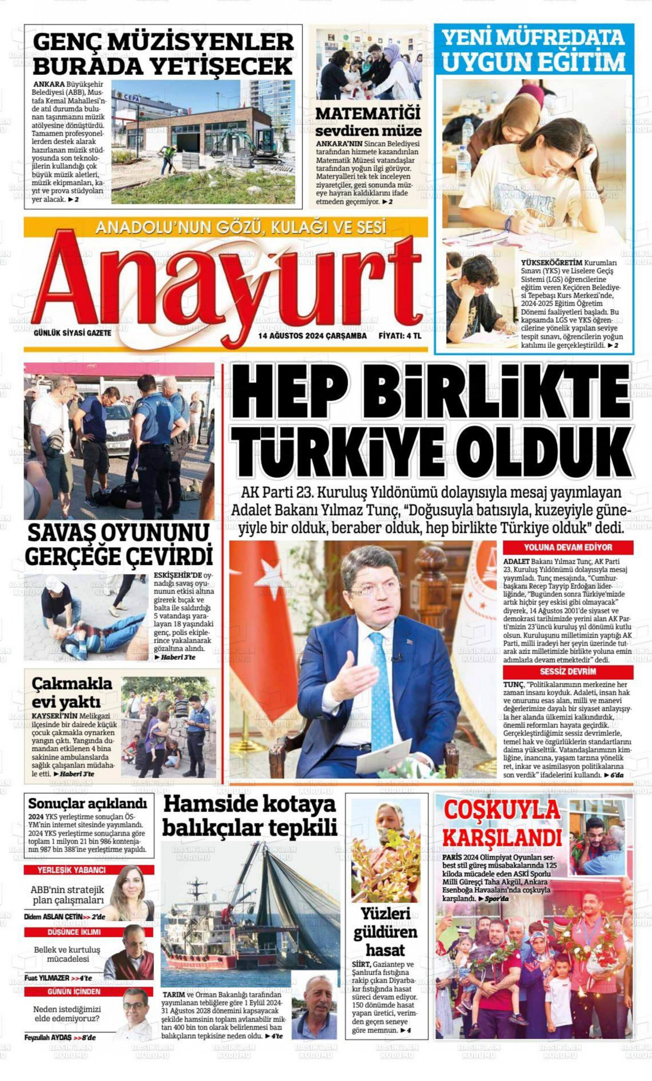 ANAYURT gazetesinin 14 Ağustos 2024 tarihli birinci sayfası